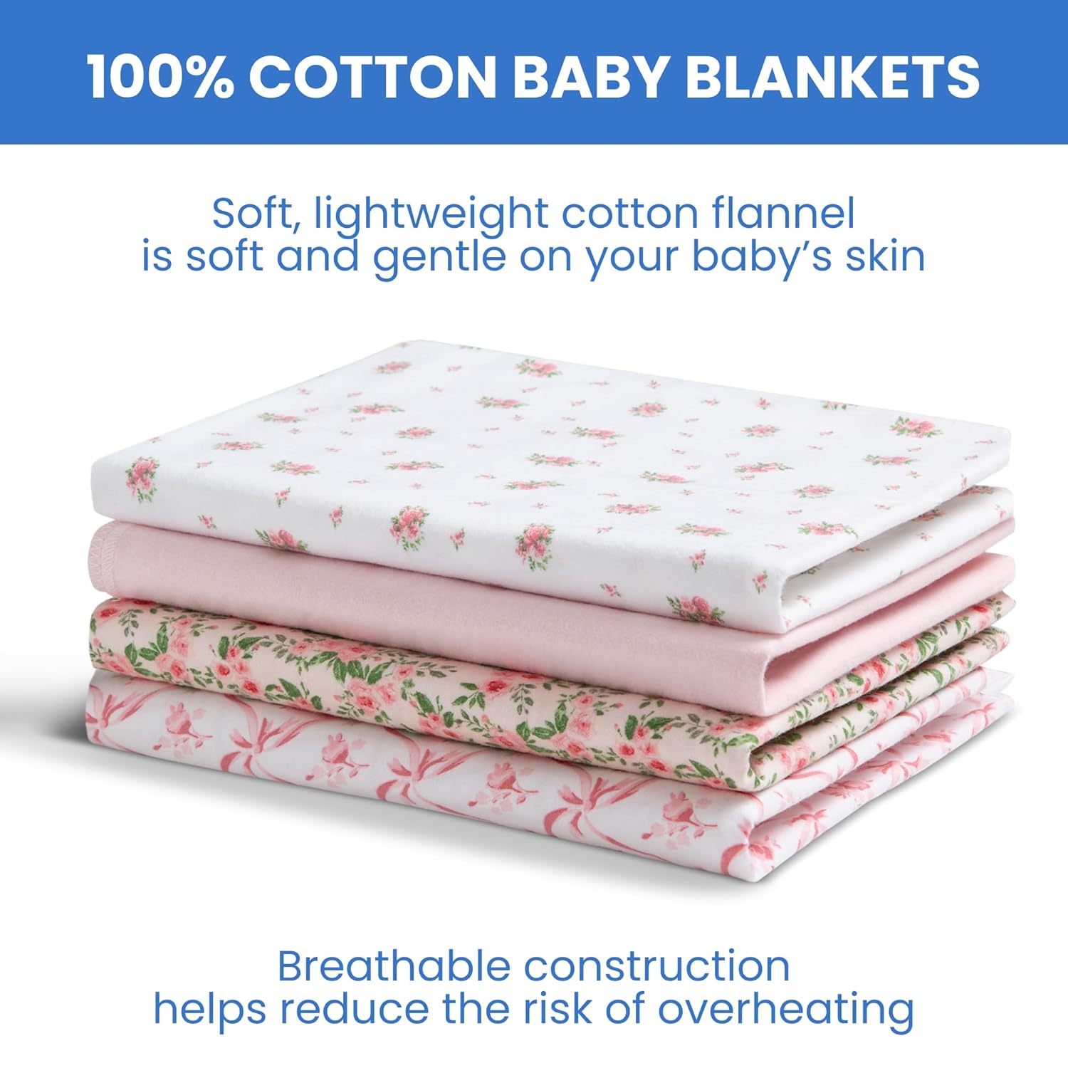 Delta Children 100% Cotton Flannel Baby Receiving Blankets for Girls and Boys – 30x30 Inches (Pack of 4), Pink Floral