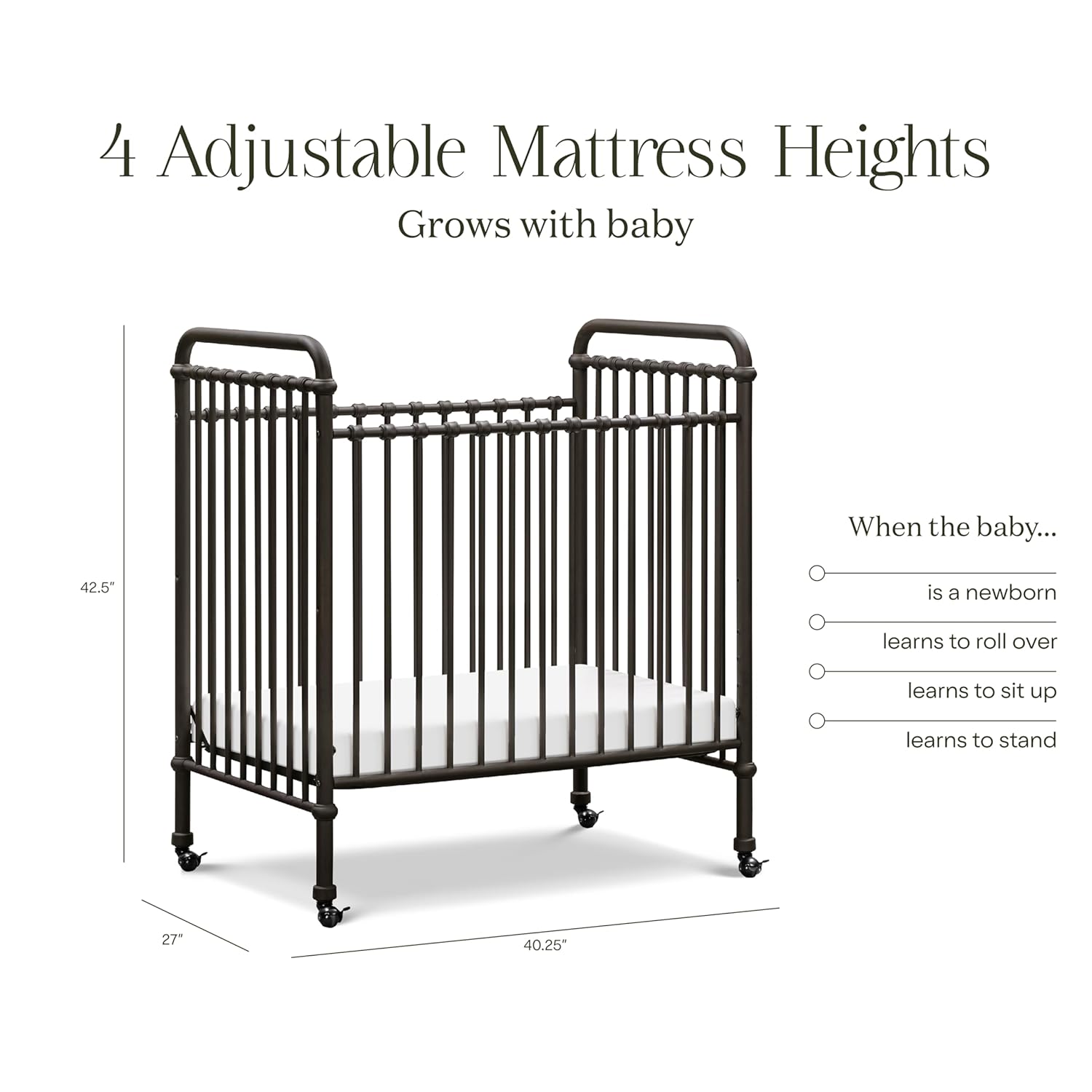 NAMESAKE Abigail 3-in-1 Convertible Mini Metal Crib in Vintage Iron, Greenguard Gold Certified