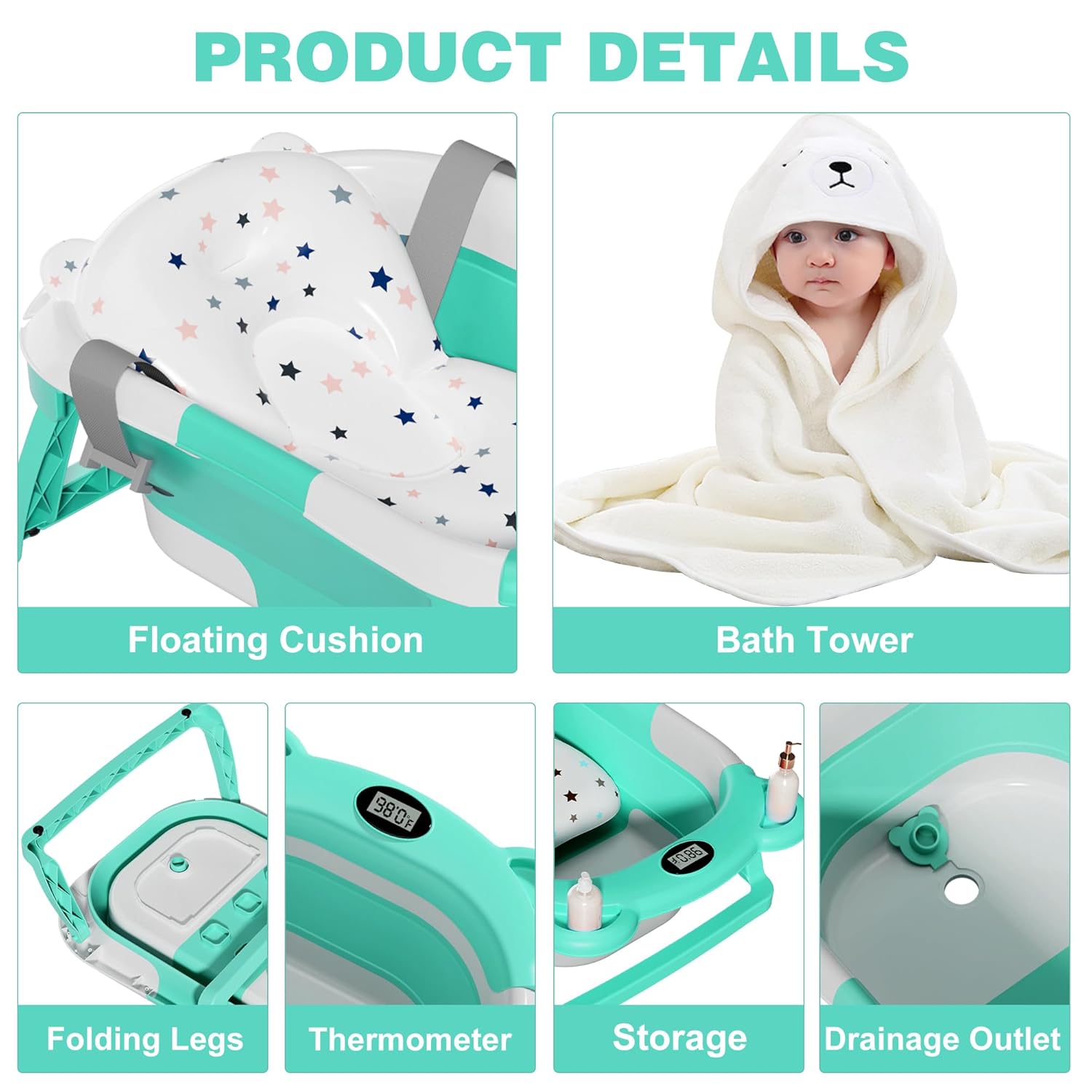 MoreFeel Collapsible Baby Bathtub for Newborn with Thermometer & 1 Hooded Towel & 1 Soft Floating Cushion,Portable Travel Bathtub with Drain Hole, Durable Foldable Baby Tubs for Infants to Toddler