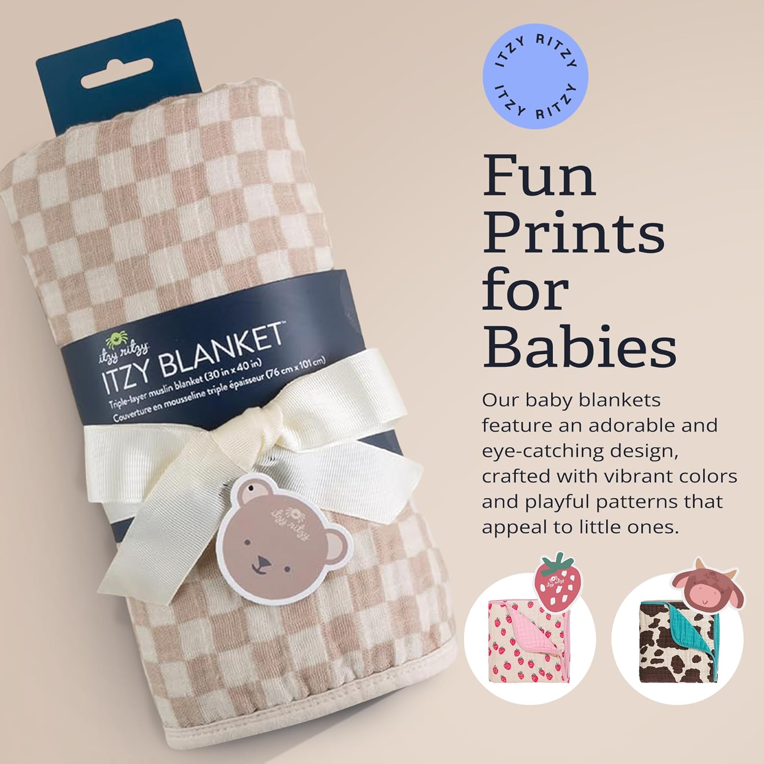 Itzy Ritzy Baby Blanket – Soft Cotton Muslin Multi-Use Blanket - Can Be Used as a Tummy Time Mat, Nursing Cover, Stroller Shade & More – Measures 30" x 40", Machine Washable (Checkerboard)