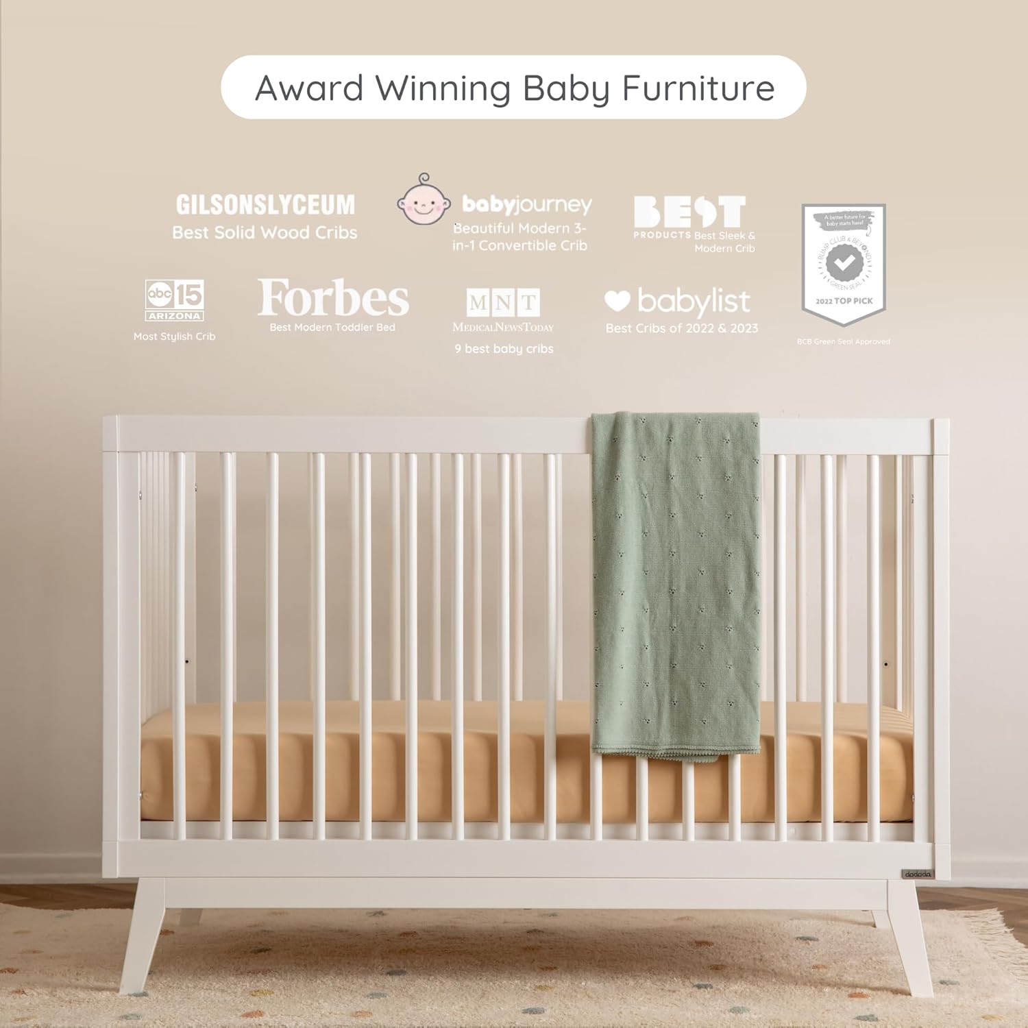 dadada Baby Soho 3-in-1 Convertible Wooden Crib to Toddler Bed - Made in Italy, GREENGUARD Gold Certified, Baby-Safe Finish, Sustainable Beech Wood, Modern Design, 3 Adjustable Heights (White)