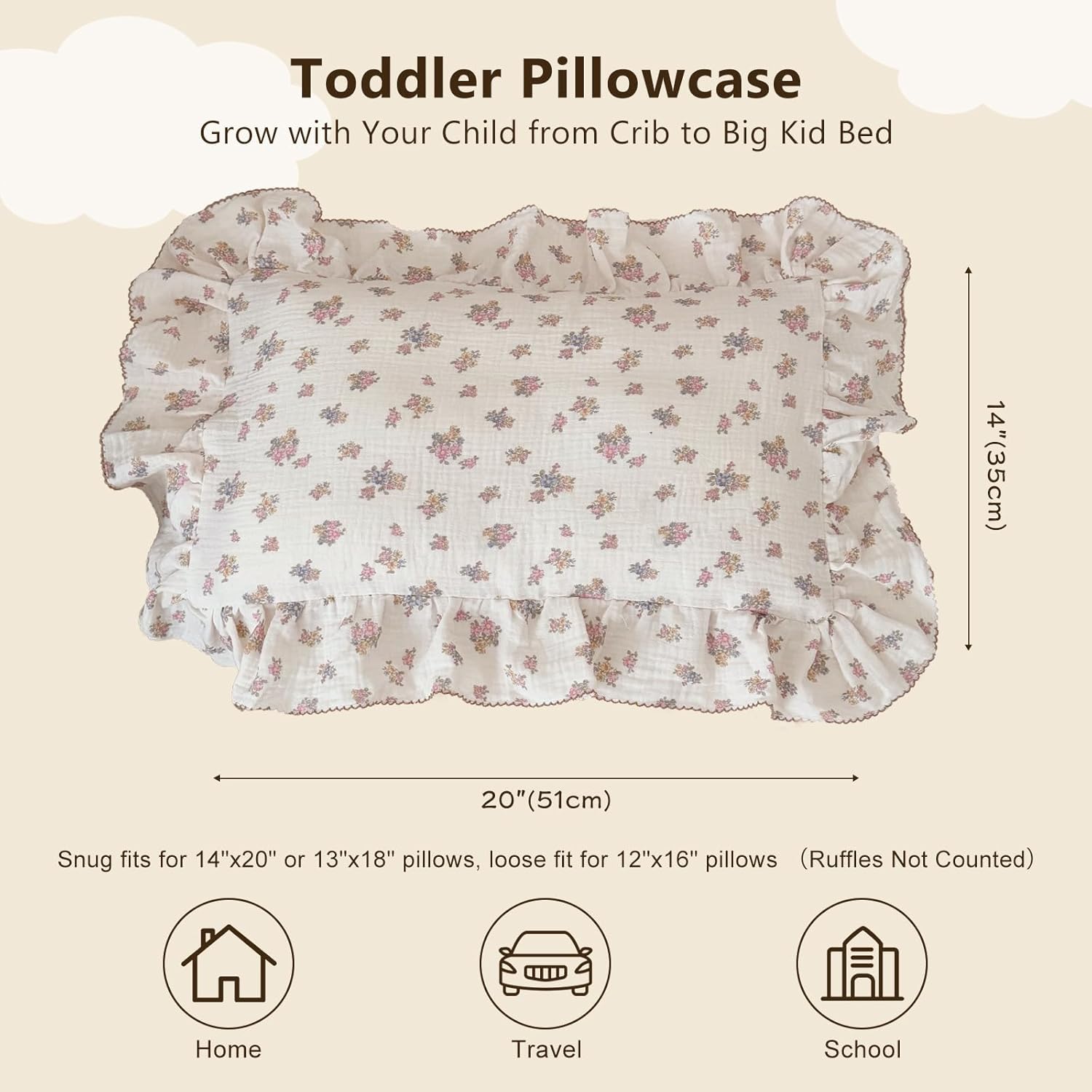 BuLuTu Chic Floral Themed Toddler Pillowcases with Ruffles, 100% Cotton Muslin Pillow Cases Crib Size Pillow Cover with Tuberose Flower Print, 14"x20", Children Bedding Gift