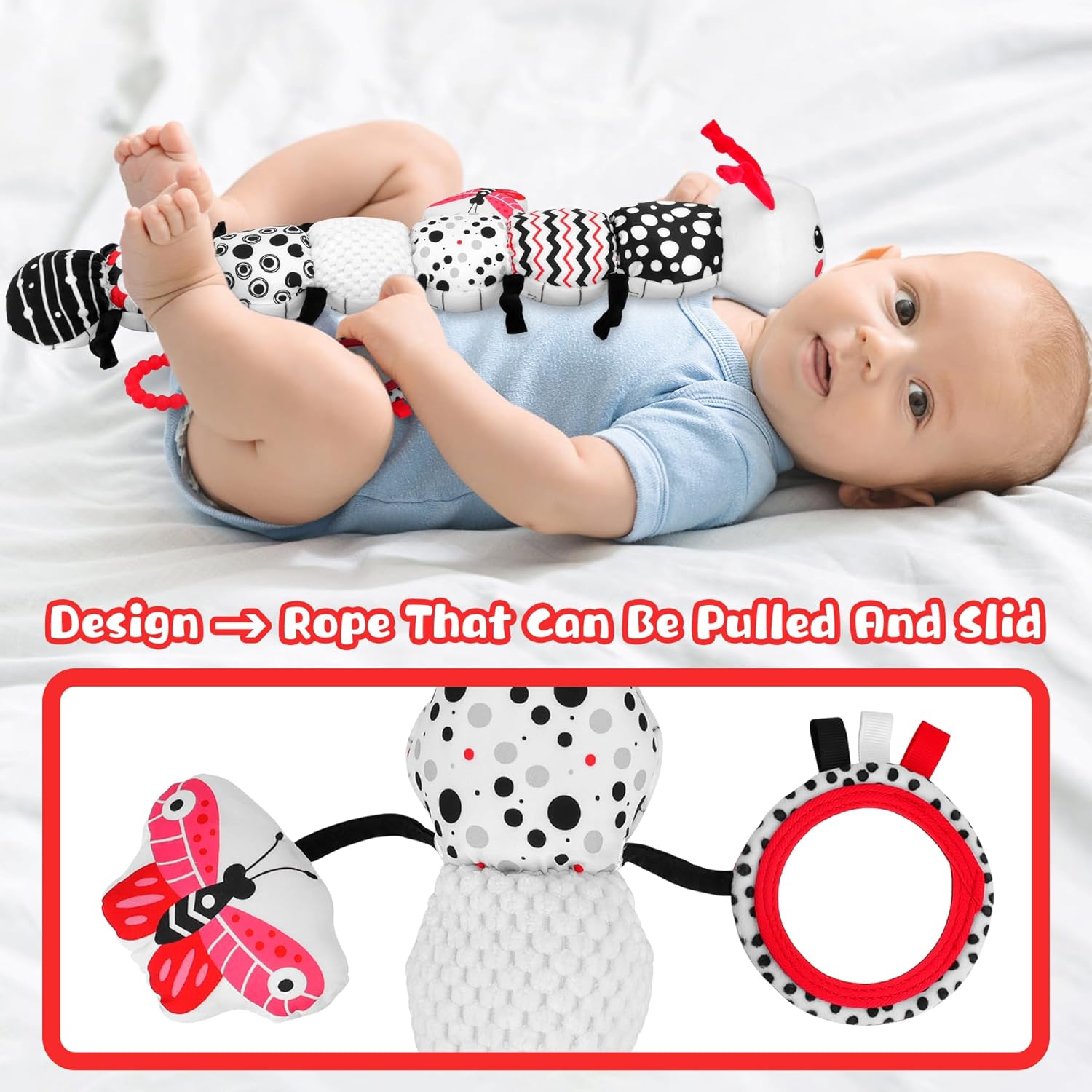 Baby Toys 0-12 Months - Musical Caterpillar Stuffed Animal Soft Plush Toys for Infant Girls Boys 3 6 12 Months Tummy Time Sensory High Contrast Black White Newborn Toys Gifts, W/ Mirror Rattle