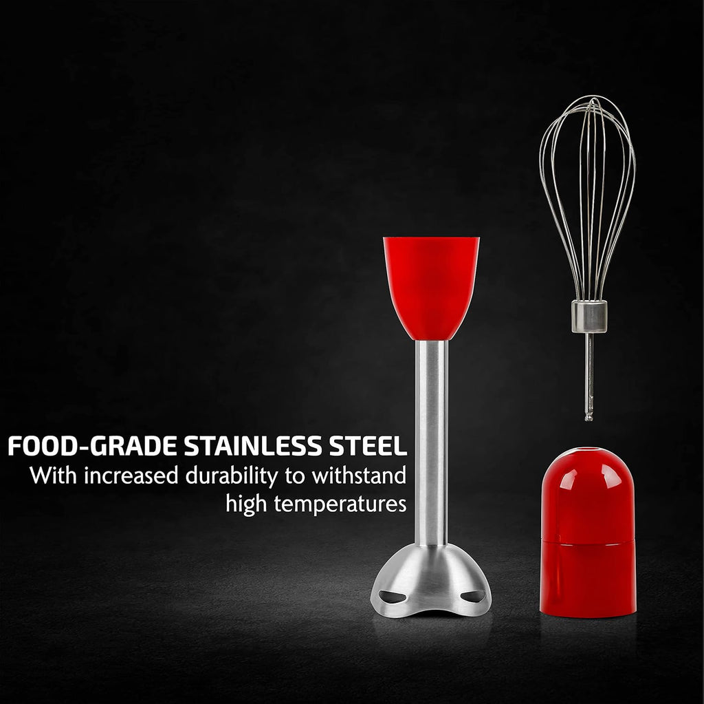 OVENTE Immersion Hand Blender, 300W Electric Handheld Portable Stick Mixer Set with 2 Mixing Speed, Stainless Steel Blades, Egg Whisk Attachment, Mixing Beaker and BPA-Free Food Chopper, Red HS565R