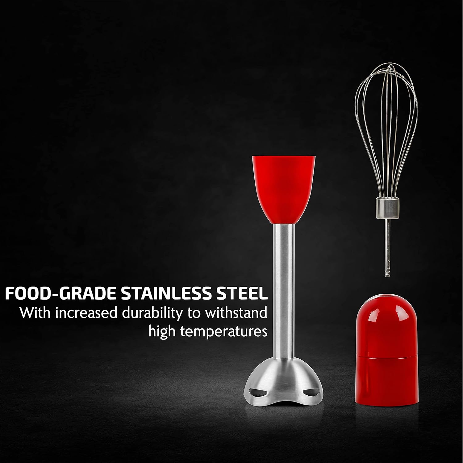 OVENTE Immersion Hand Blender, 300W Electric Handheld Portable Stick Mixer Set with 2 Mixing Speed, Stainless Steel Blades, Egg Whisk Attachment, Mixing Beaker and BPA-Free Food Chopper, Red HS565R