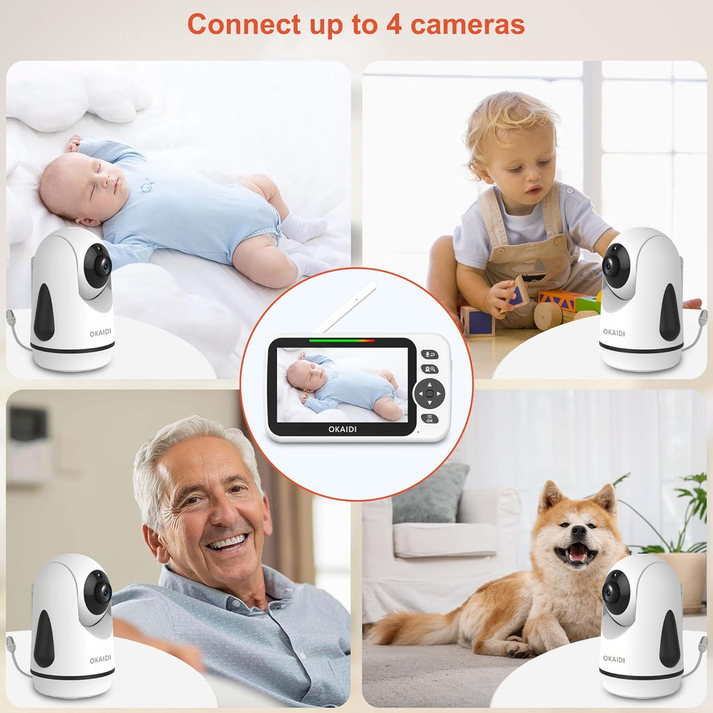 Video Baby Monitor with 4 Cameras, 5" Display Baby Monitor No WiFi, 30H Battery and 1000ft Range, 2-Way Talk, 8 Lullabies, Remote Pan-Tilt-Zoom Baby Camera for Baby Pet Elderly