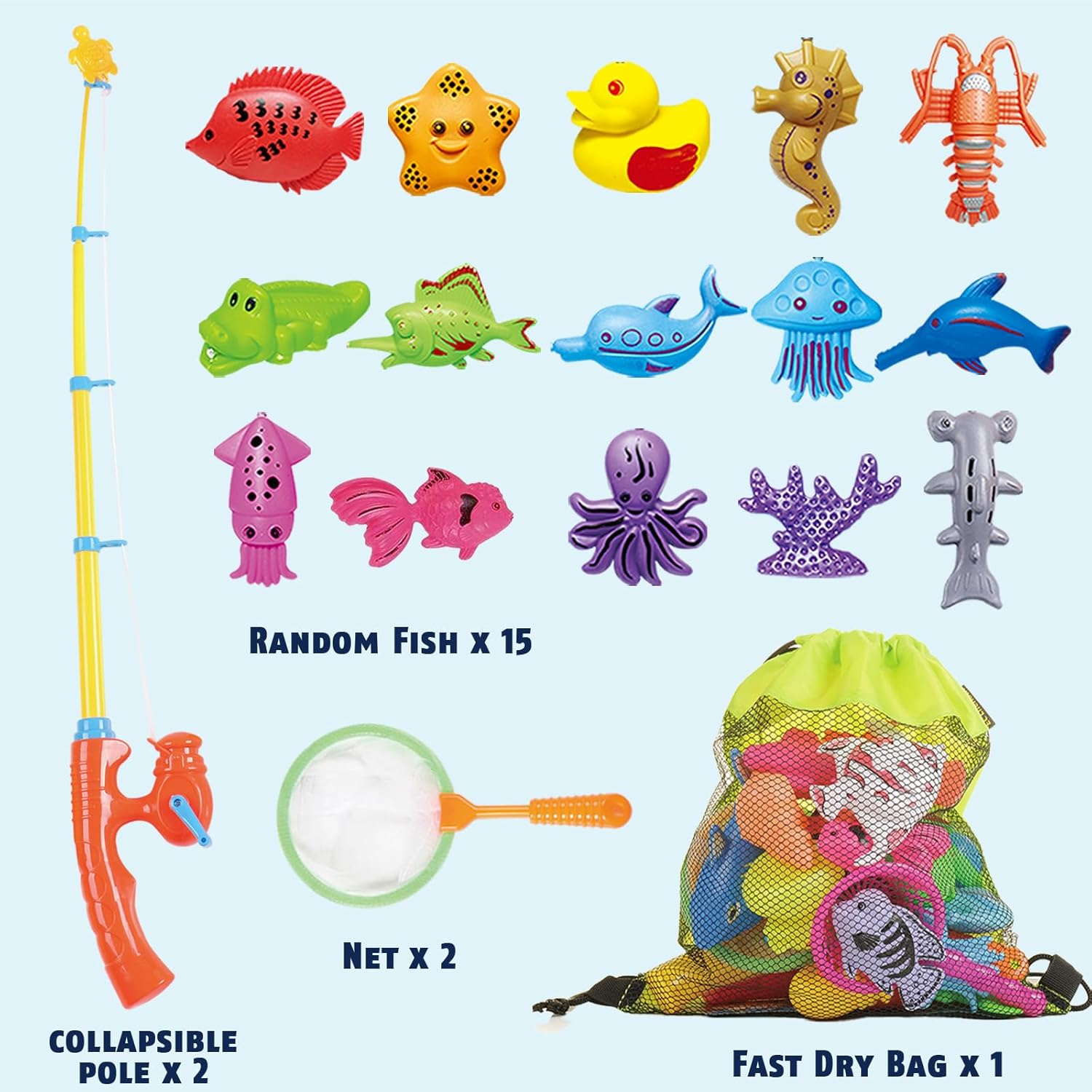 CozyBomB™ Magnetic Fishing Toys Game Set for Kids | Water Table Bathtub Kiddie Pool Party & Pole Rod Net, Plastic Floating Fish Toddler Color Ocean Sea Animals Birthday Age 3 4 5 6 Year