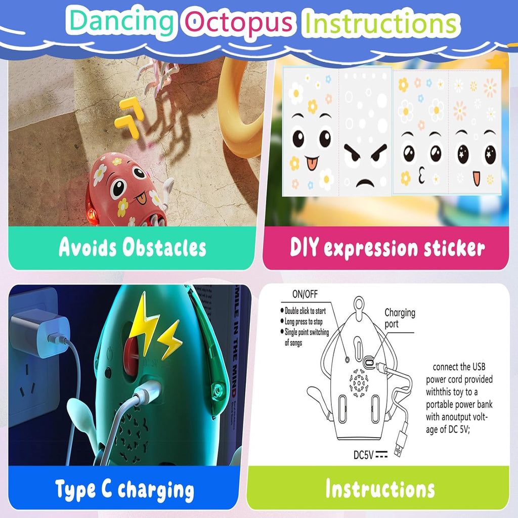 Dancing Octopus Toy Electric Crawling Baby Toy with Lights & Music Tummy Time Octopus Toy | DIY Expressions, Obstacle Avoidance | for Boys and Girls Party Gift Birthday, Christmas (Green)