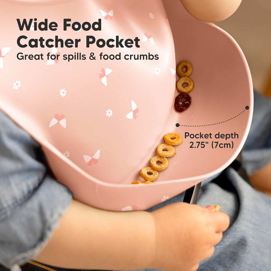 KeaBabies 2-Pack Silicone Baby Bibs for Eating - Sturdy Food-Grade Silicone Bibs for Babies Girl, Boy, Large Food Catcher, Clean & Put On Easily, Waterproof Toddler Feeding Essentials (Butterflies)