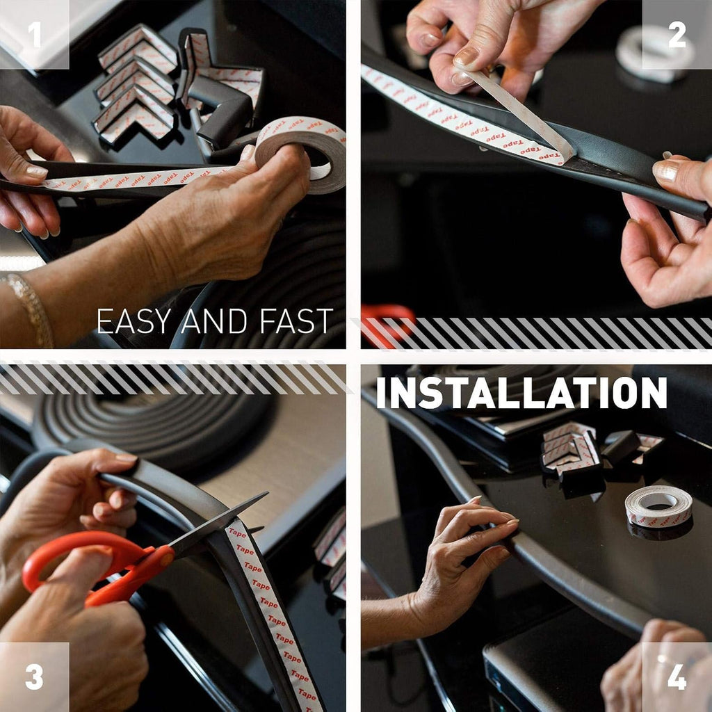 Baby Proof Corners & 15ft Edges with Furniture Corner & Edge Safety Bumpers, Impact-Absorbent Bumper & 4 Foam Corner Protectors, Cushy, Thick, Odorless Table Edge Protectors for Baby, Child | Black