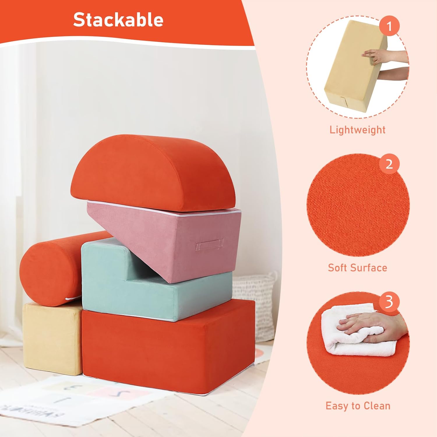 6-Piece Soft PU Leather Toddlers Climbing Toys, Baby Foam Climbing Blocks for Babies Toddlers, Waterproof Foam Play Gym Climber Structures for Toddler 3, Indoor Climb and Crawl Activity Play Set