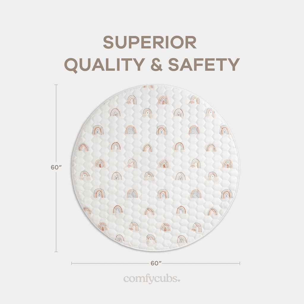 Comfy Cubs Round Kids Play Mat - Large 60 inches Soft Quilted Baby Floor Mat with Non-Slip Bottom - Plush Design for Toddlers' Playtime and Relaxation - Comfortable and Durable - Rainbow