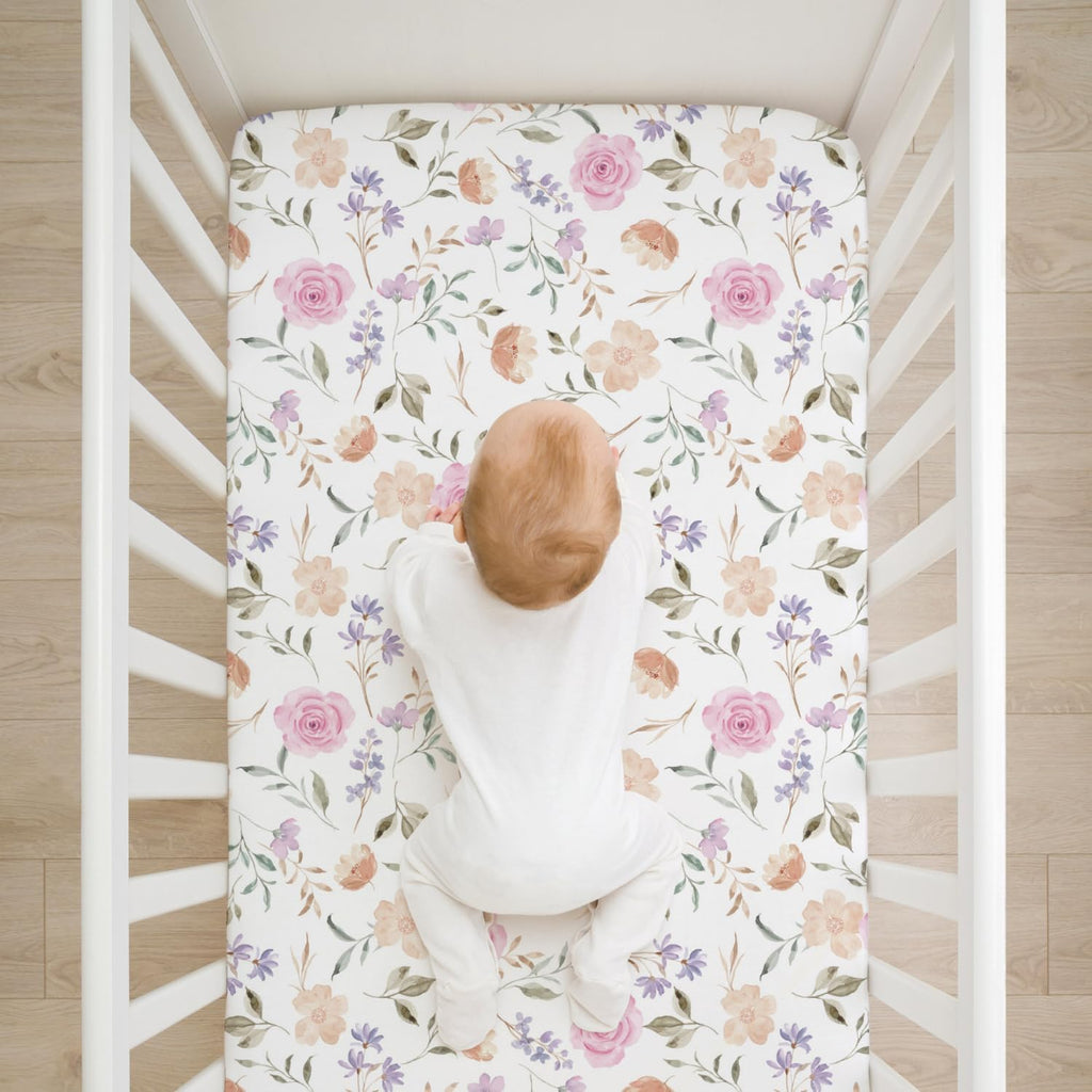 Organic All in One Crib Sheet and Mattress Protector - Waterproof Protectors - Reusable Washable – Fits Cribs – 52”x28”- with 9” Skirt Flower