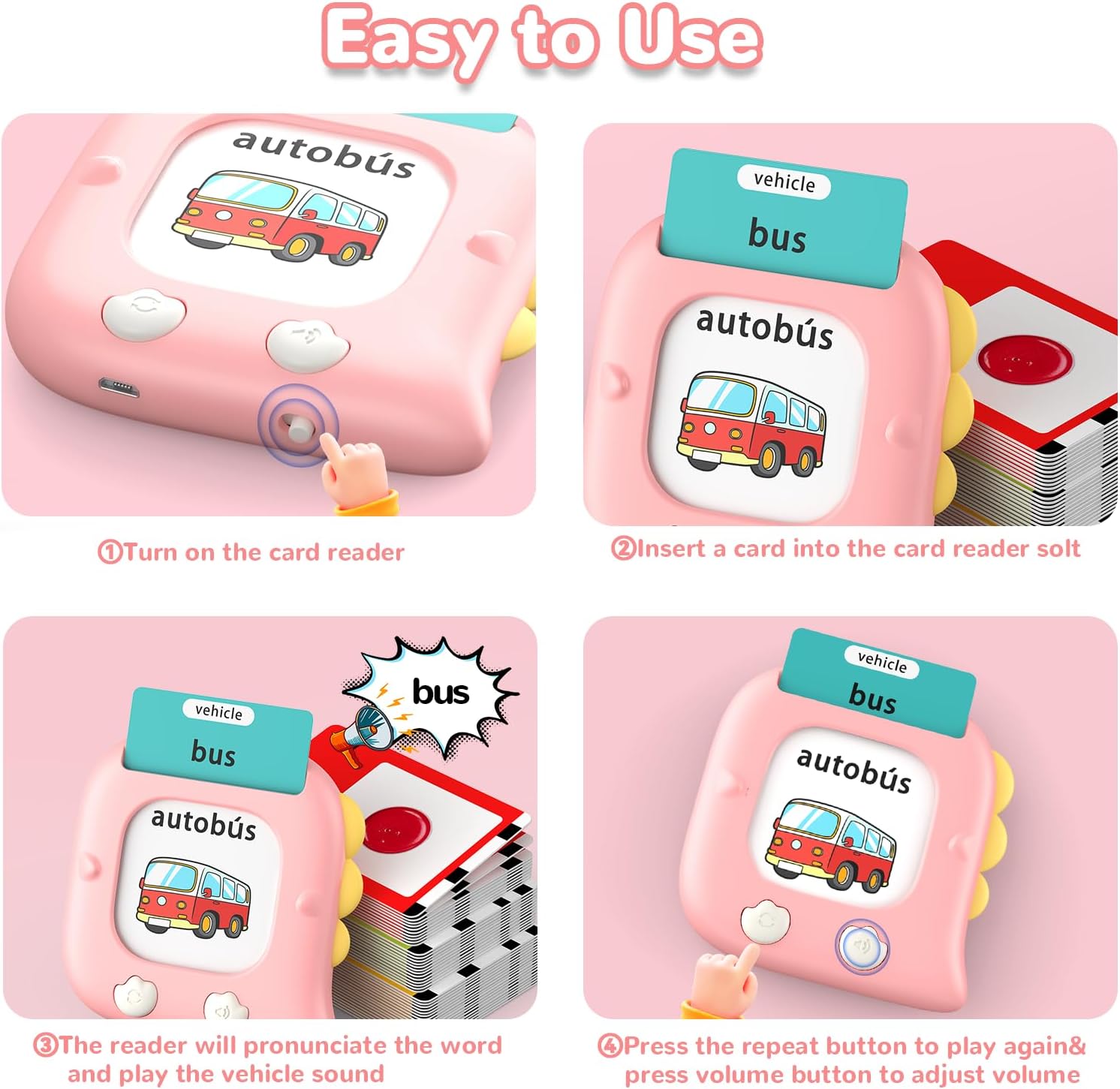 Kidzdo 520 Bilingual Spanish English Talking Flash Cards, Christmas Birthday Gifts for 2 3 4 5 6 Year Old Girls, Montessori Pocket Speech Therapy Toys, Portable Toddlers Toys for Ages 2-6 Kids, Pink