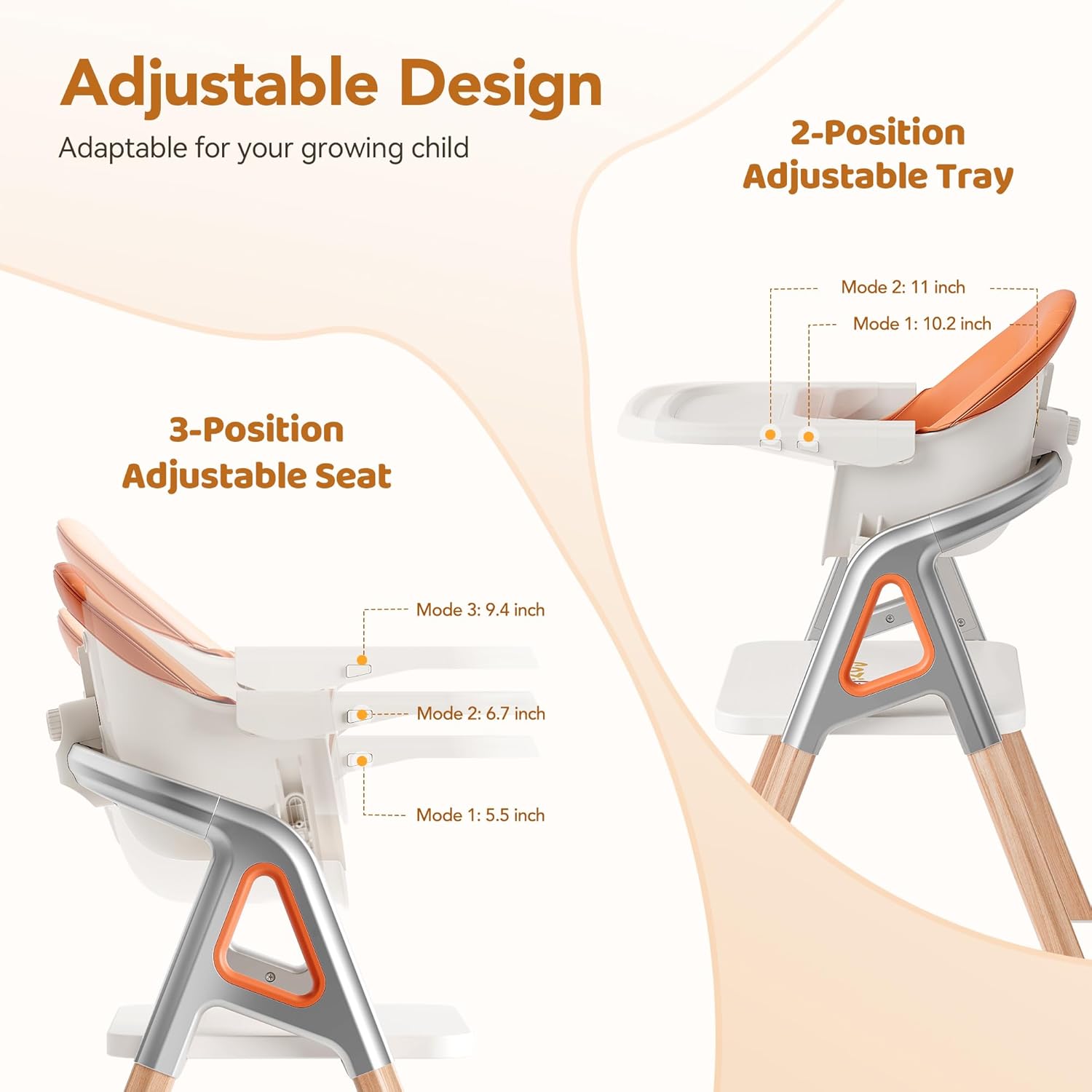 CoziBB Baby High Chair, 6 in 1 Convertible Growing Baby Highchairs for Babies and Toddlers, Baby Chair with Adjustable Dining Tray and Seat, 5-Point Safety Belt,White