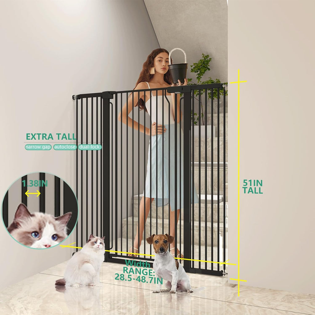 51" Extra Tall Cat Gate for Doorway Auto Close Encrypted Cat Gate 28.5"-48.7" Adjustable Width Pet Gate Include 5.5" and 8.26" Extension Kits No Drilling Pressure Mount Kit