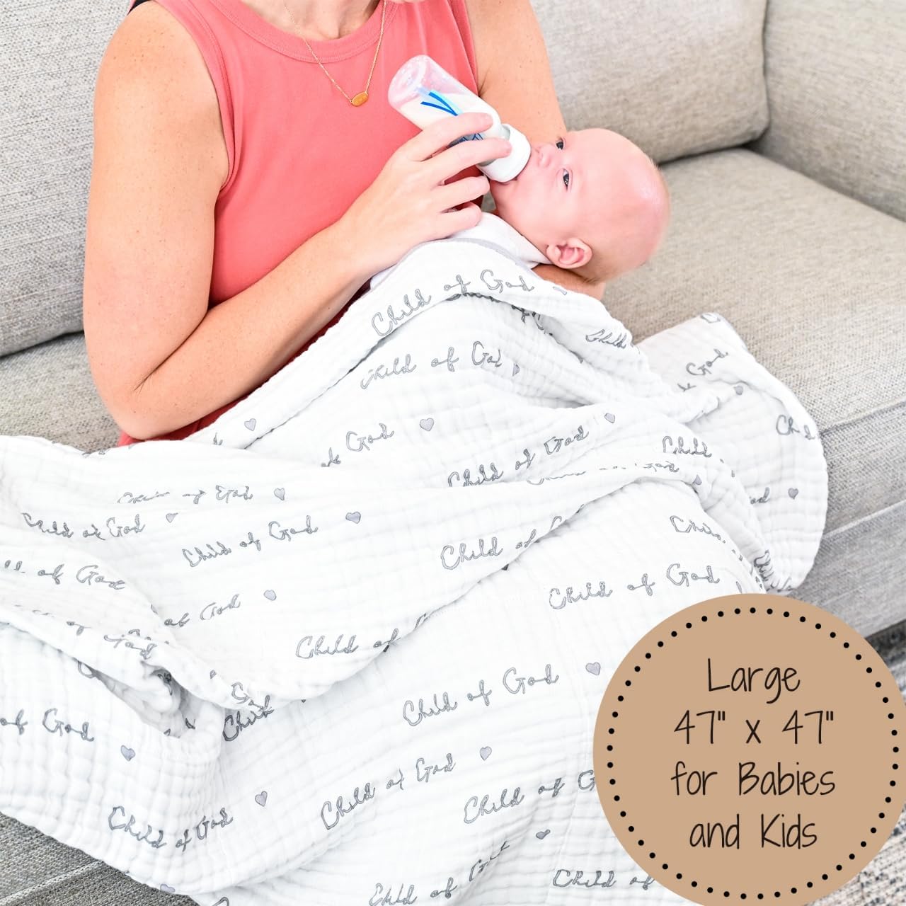 LollyBanks Muslin Baby Blanket 100% Organic Cotton, Muslin Quilt Lightweight, Toddler Blanket for Boy and Girl, 6 Layers Baby Blankets 47"x 47", Nursery Receiving Blankets (Christian Baby)