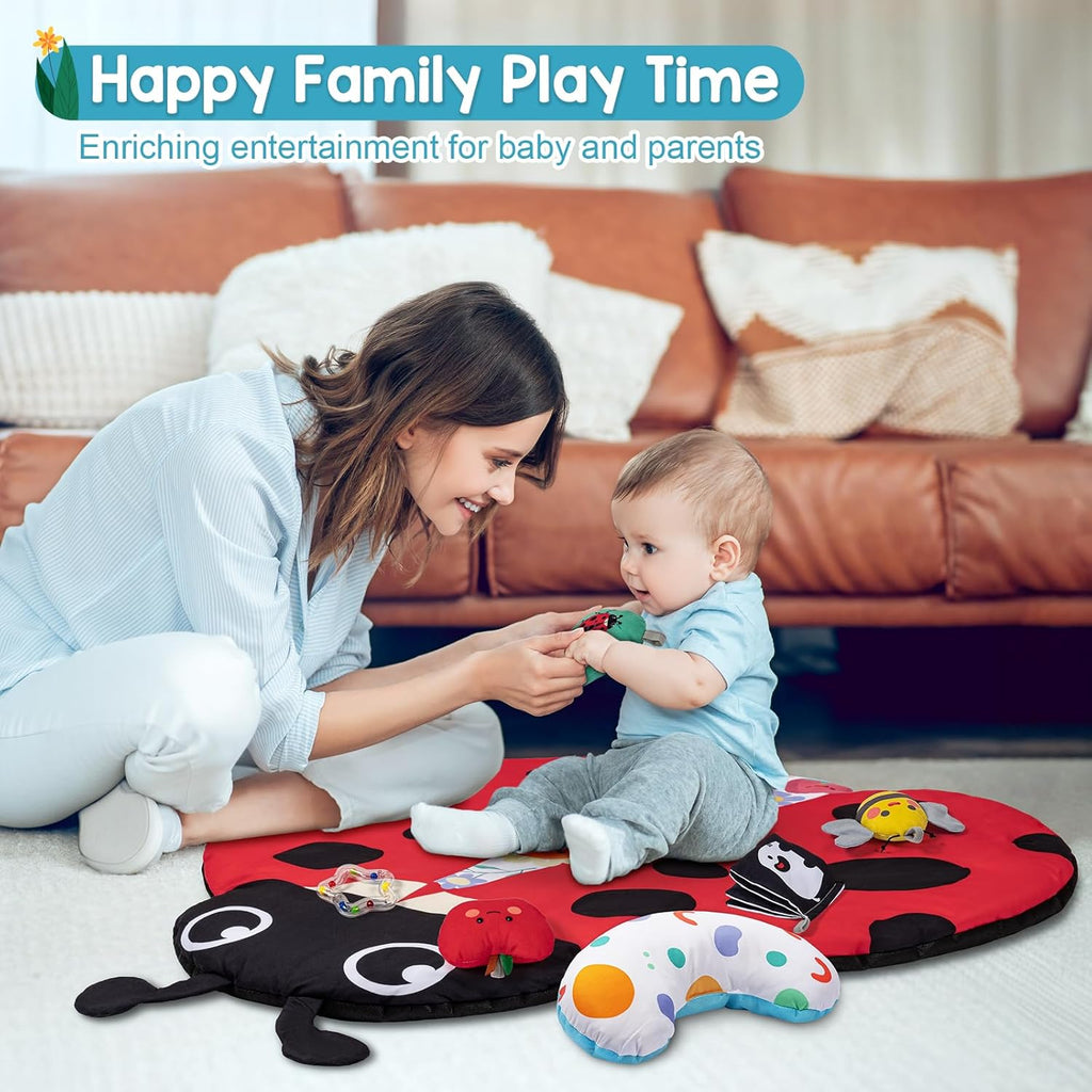 Jyusmile Baby Play Gym Mat, 8-in-1 Tummy Time Mat with 6 Toys, Washable Baby Activity Mat for Visual, Hearing, Sensory, Motor Development, Baby Essentials Gift for Newborn Infant 0-3-6-9-12 Months