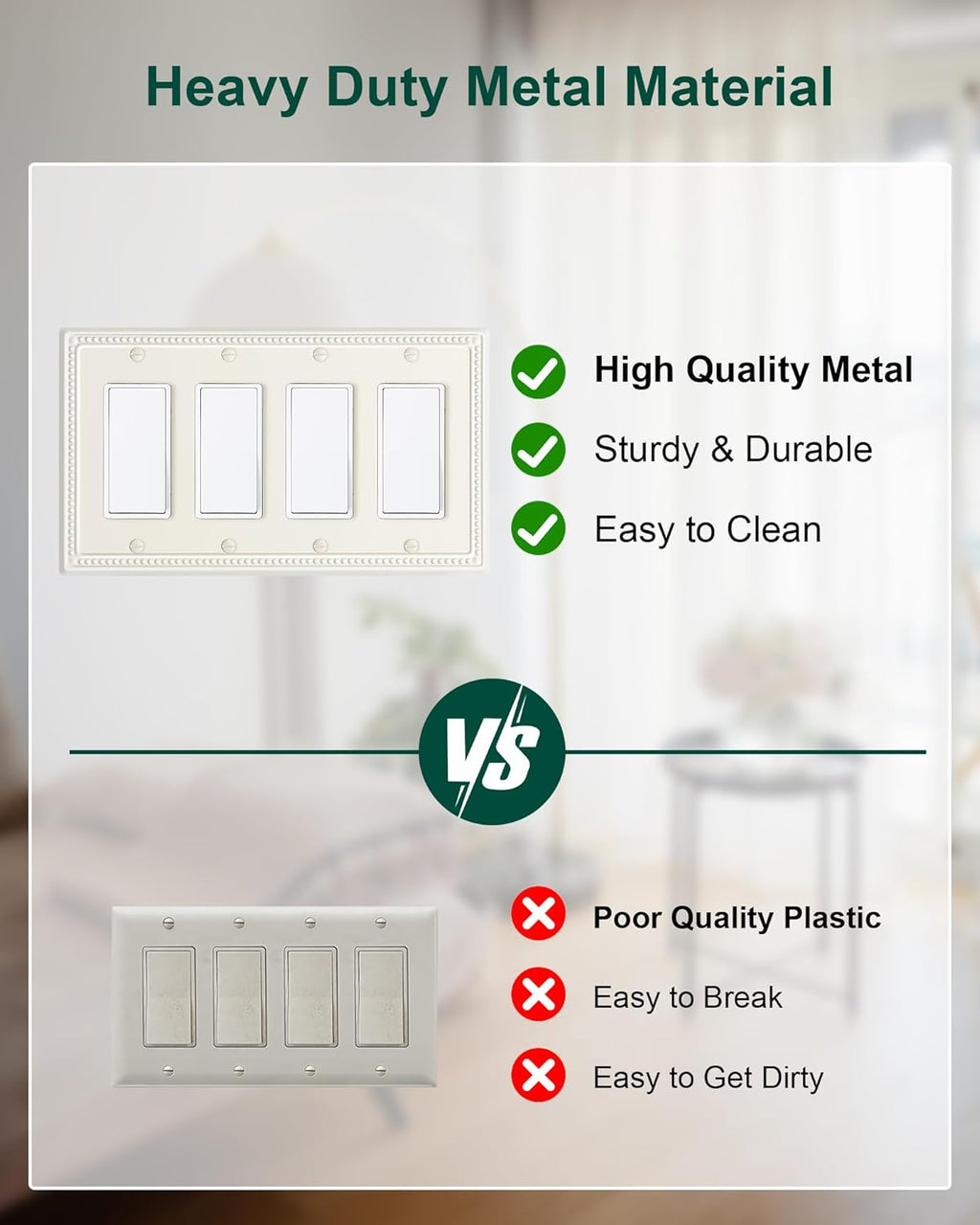 2-Pack Quad Decorator Outlet Cover Plate, Light Almond Pearls Decorative Switch Plates Covers, Metal Wall Plates for Electrical Outlets, Receptacle, GFCI Outlet, Dimmer Switch