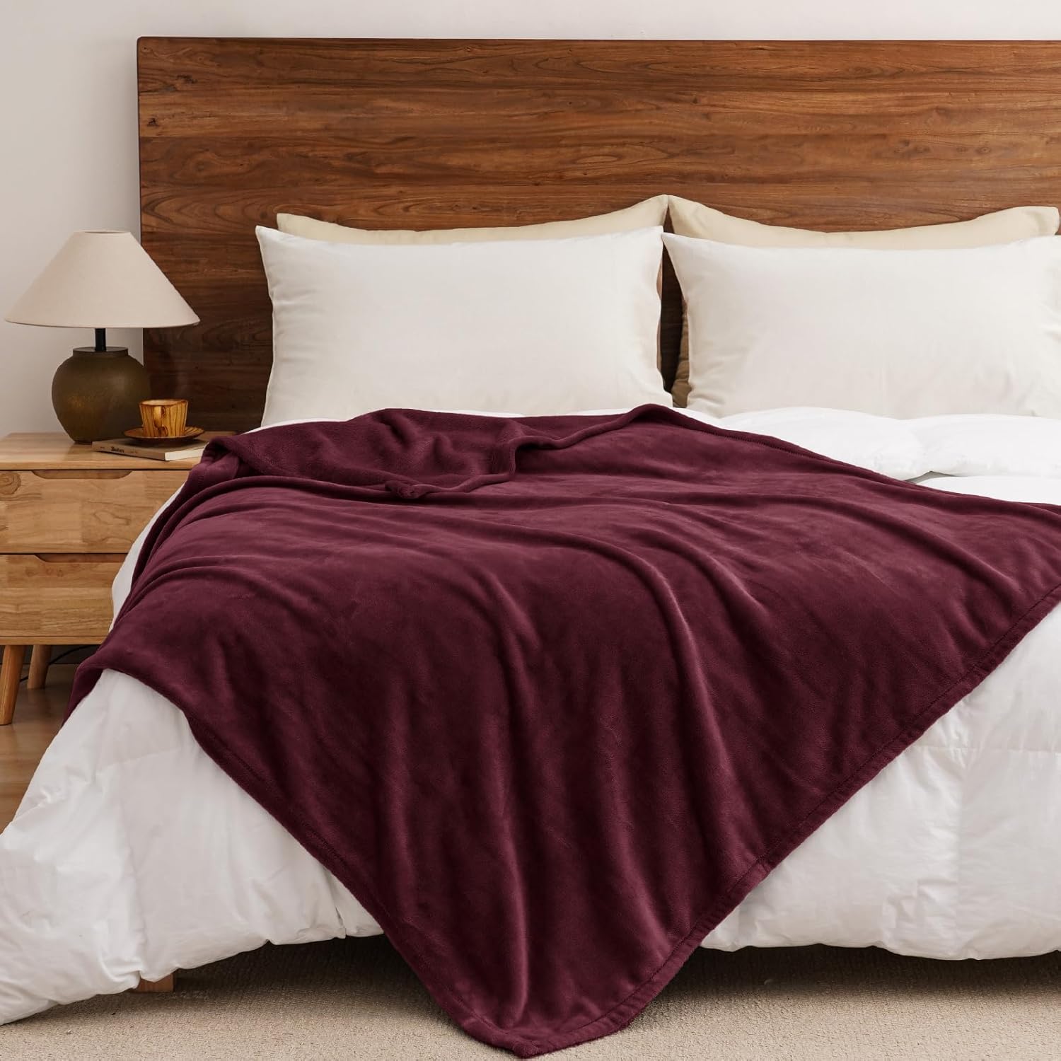 PHF Ultra Soft Fleece Throw Blanket, No Shed No Pilling Luxury Plush Cozy 300GSM Lightweight Blanket for Bed, Couch, Chair, Sofa Suitable for All Season, 50" x 60", Wine Red/Burgundy
