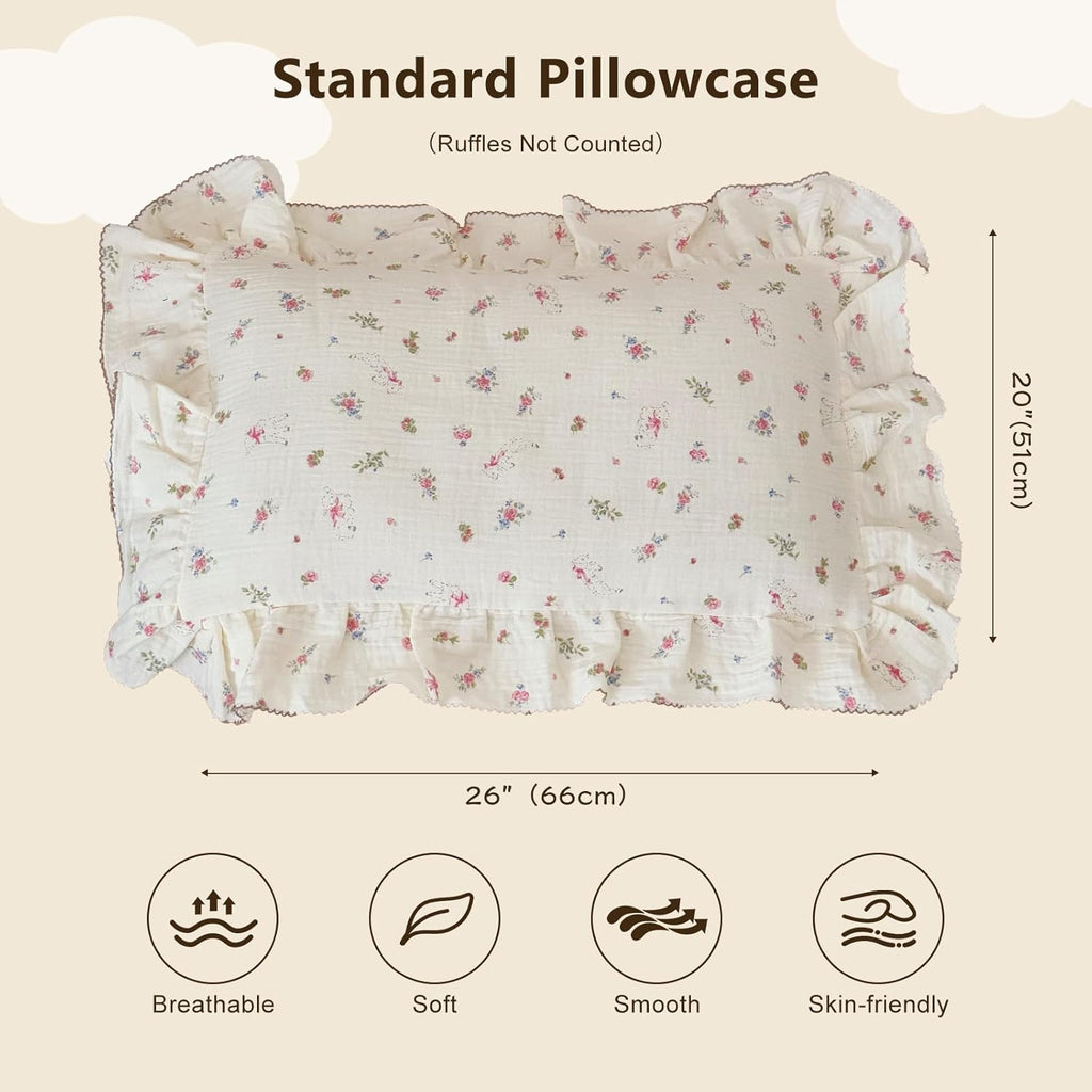 BuLuTu 100% Cotton Standard Pillow Case for Kids, 1 pc, 20"x26", Pink Floral Sheep Design Pillow Cover Muslin Gauze Pillow Protector for Children Girls Boys Bedding Gift, Envelope Closure