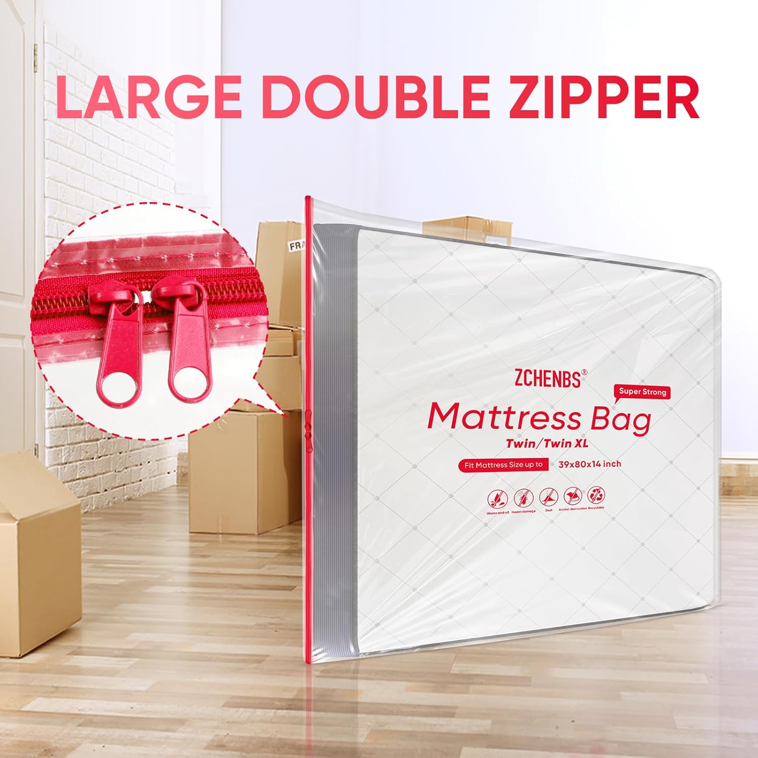 ZCHENBS® – Mattress Bags for Moving and Storage,Mattress Bag with Zippers,5 Mil Ultra-Thick Bed Bag,Waterproof,Anti-Tear,Heavy-Duty Mattress bag (Transaparent/Red, Twin/Twin XL-(2 Pack))