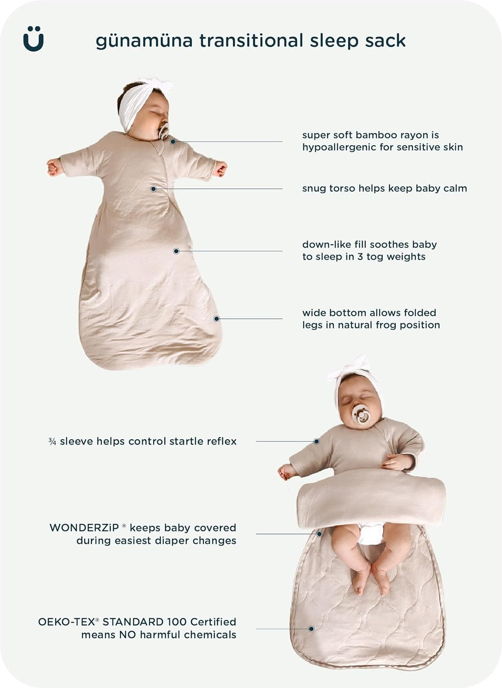 GUNAMUNA Long-Sleeve Transitional Swaddle Sleep Bag 1.0 TOG – Soothes Infants 3-6 Months, Easy Diaper Changes with WONDERZiP