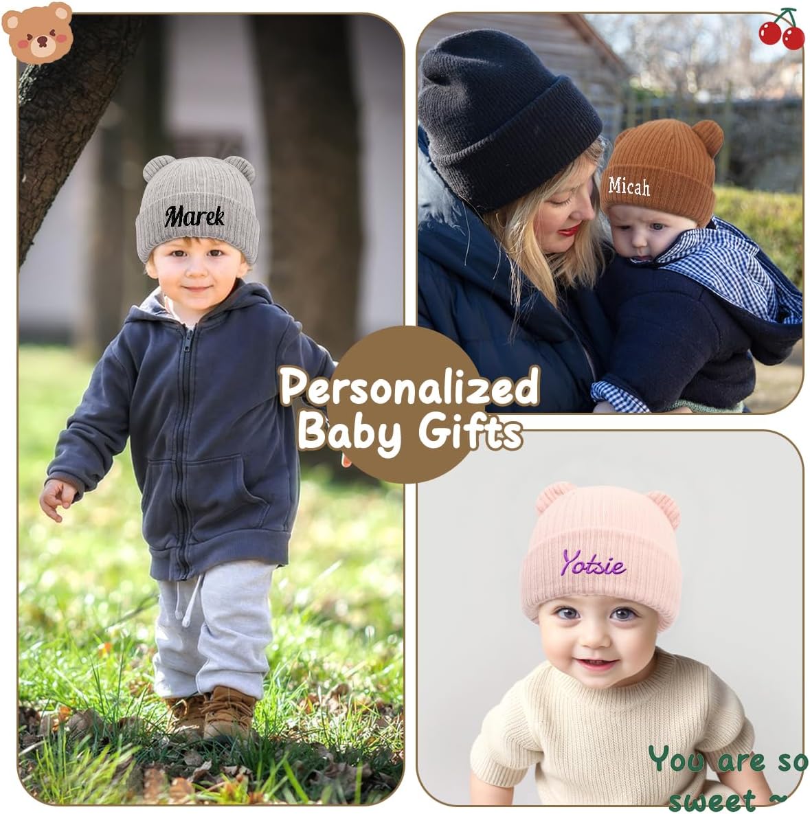 Personalized Baby Beanies Hats, Custom Embroidered Name Knitted Toddler Winter Bear Ear Hat