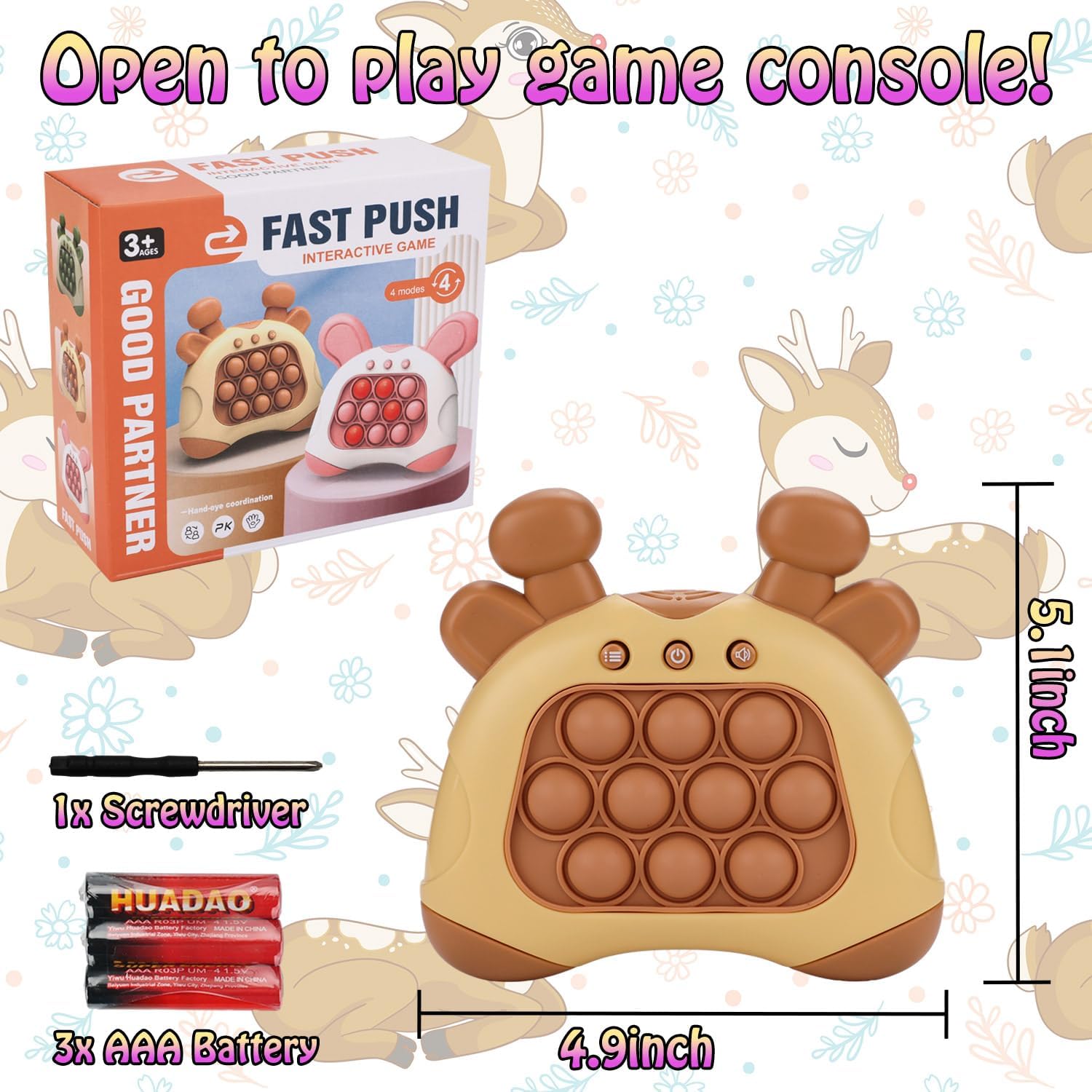 Fast Push Game, Deer Handheld Speed Push Bubble Game Console, Light up Pop Game Sensory Fidget Toys for Kids, Autism Sensory Toys, Birthday Easter Toy for Boys Girls Adults(Brown)