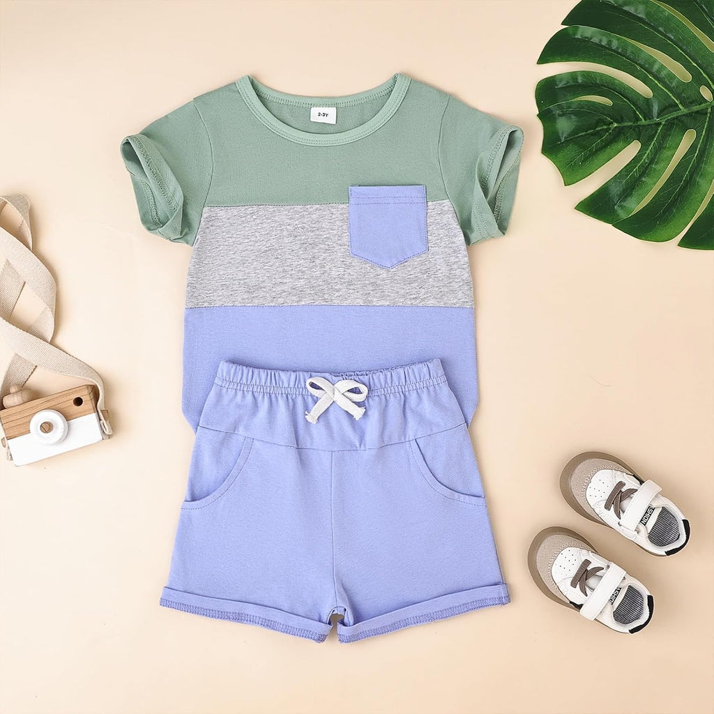 Baby Boy Clothes Toddler Boy Summer Outfits Short Sleeve Patchwork Top T-shirt & Pocket Pant Set 2 Piece 12 Months-4T