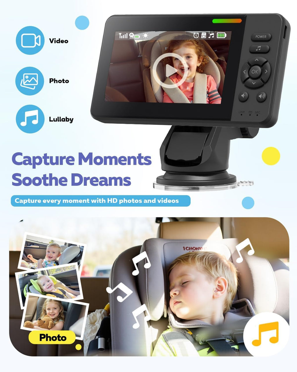 Wireless Baby Car Camera with 1080P Advanced Night Vision and 32H Battery, No Wi-Fi Needed Easy Setup Car Baby Monitor with Video Recording Adjustable Angle, Newborns Travel Essentials Gifts