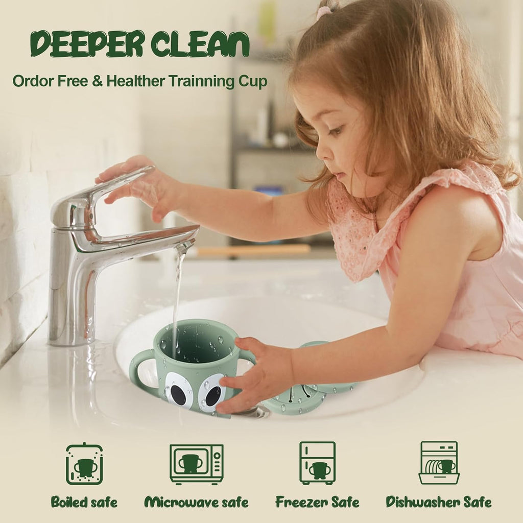 Silicone Snack Cups Food Container for Toddlers and Babies, Spill Proof Training Cup with Snack Cup Lid & Dust Proof Lid, Comes with a toy strap, Without BPA, Lead, or Phthalates (Ether & Sage)