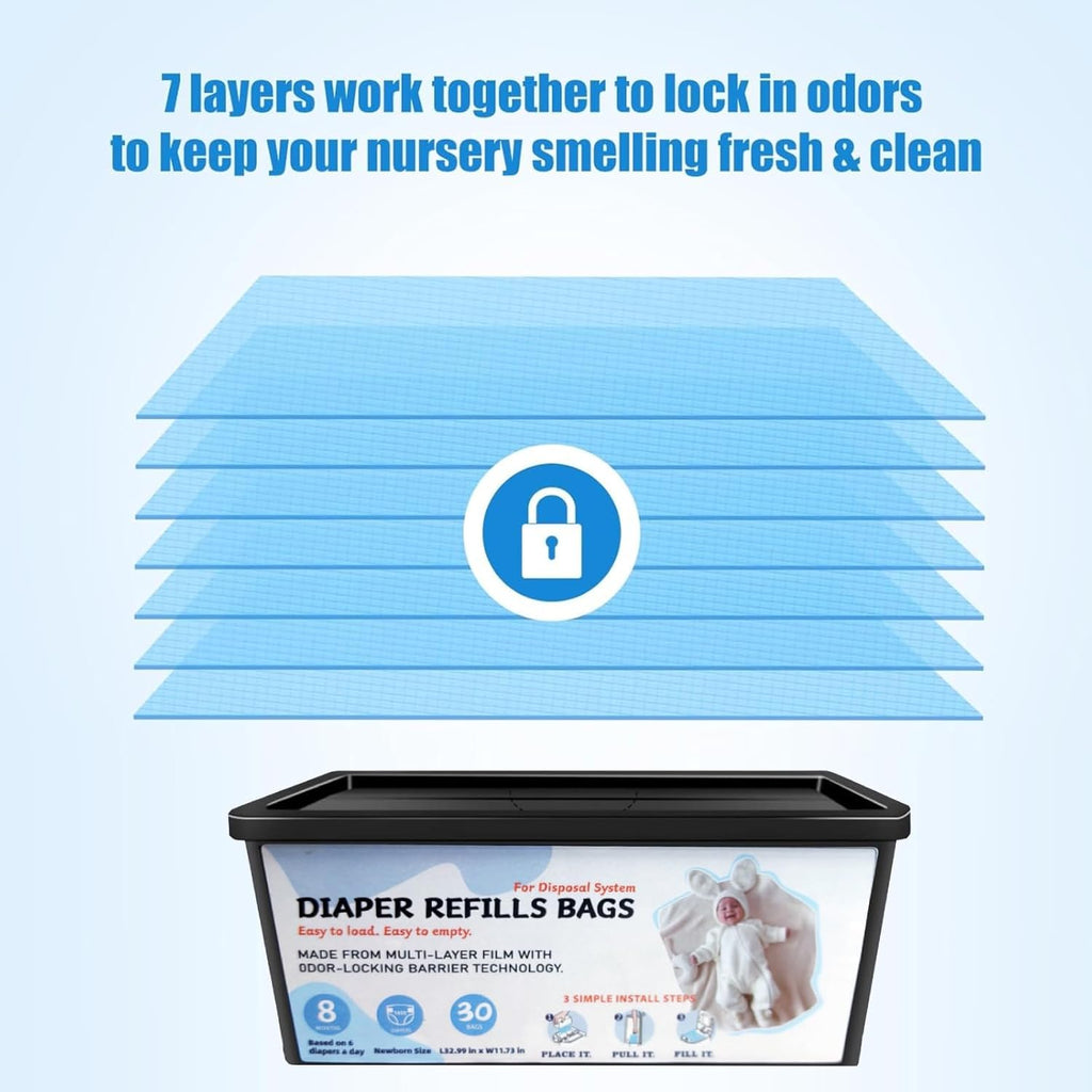 Diaper Pail Refills Bags with 30 Bags, Compatible with Genie Easy Roll Signature Diaper Pail and Platinum Diaper Pail, 7-Layer Odor-Barrier Technology, 3 Pack (90 Bag)