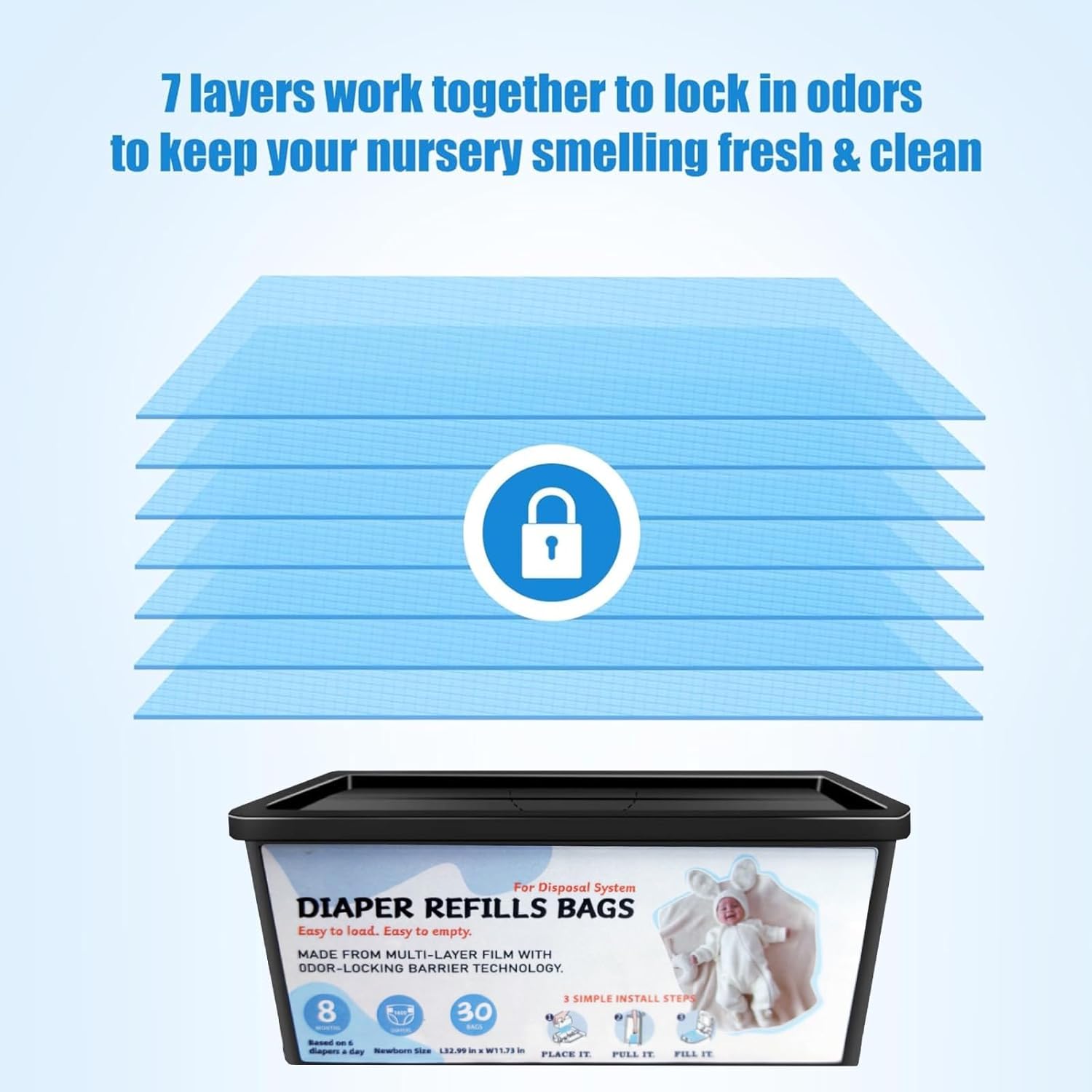 Diaper Pail Refills Bags with 30 Bags, Compatible with Genie Easy Roll Signature Diaper Pail and Platinum Diaper Pail, 7-Layer Odor-Barrier Technology, 3 Pack (90 Bag)