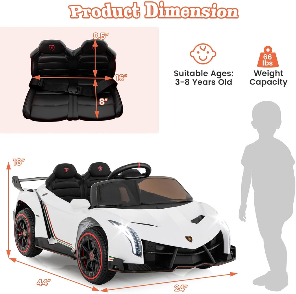 Costzon Ride on Car, Lamborghini Licensed 12V Battery Powered 4WD Sports Car with Remote Control, 3 Speeds, Hydraulic Doors, LED Lights, Towing Wheel, Horn, Music, Electric Vehicle for Kids Aged 3-8