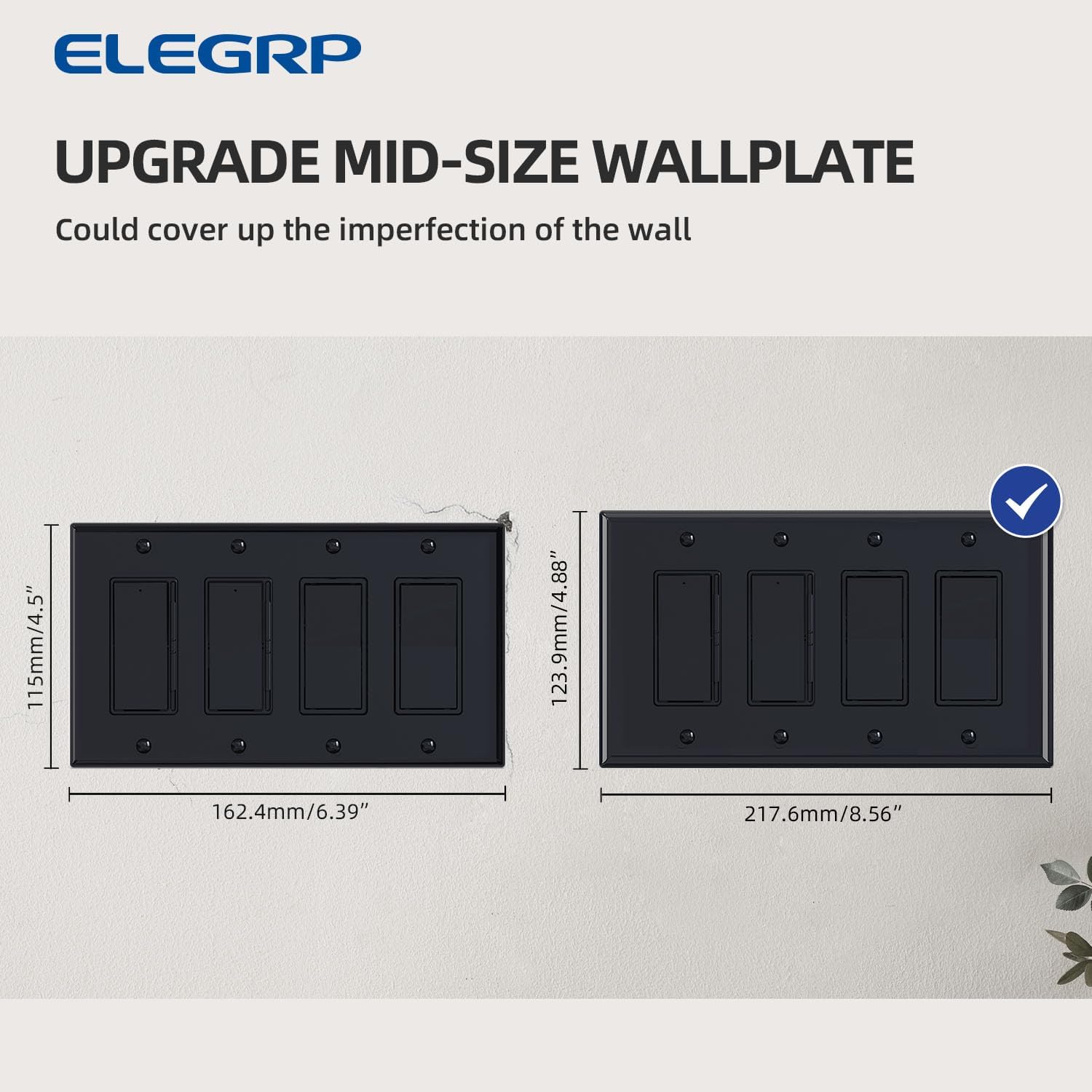 ELEGRP 4-Gang Decorative Wall Plates, Mid-Size 4.88" H x 8.57" L Unbreakable Thermoplastic Faceplate Cover for Decorator Receptacle Outlet Switch, UL Listed (2 Pack, Glossy Black)
