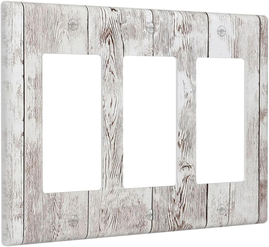 Light Switch Covers Rustic Vintage White Wood Grain 3 Gang Rocker Electrical GFCI Decorative Triple Outlet Wall Plate Cover Switchplate for Farmhouse Home Decor