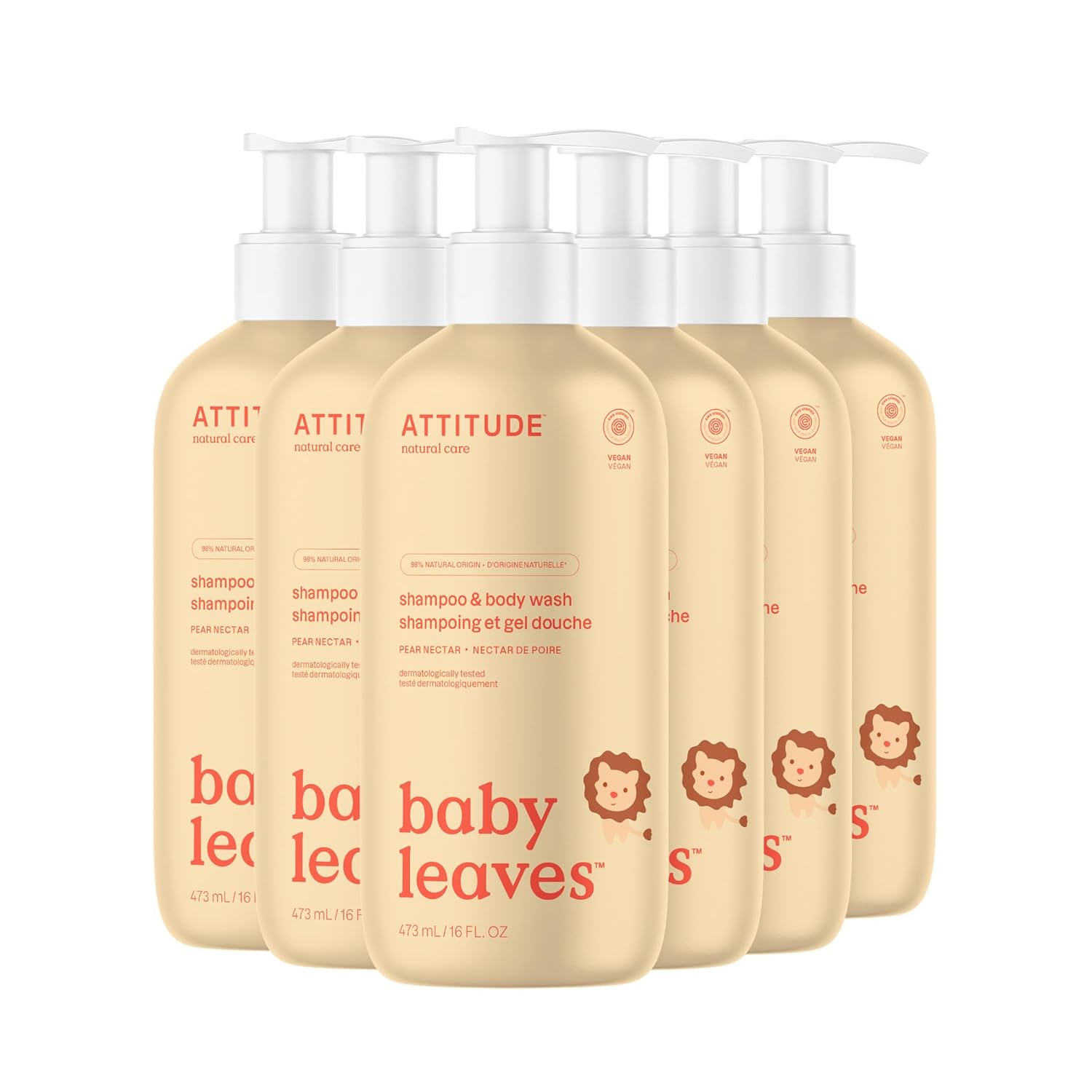ATTITUDE 2-in-1 Shampoo and Body Wash for Baby, EWG Verified, Dermatologically Tested, Made with Naturally Derived Ingredients, Vegan, Pear Nectar, 16 Fl Oz (Pack of 6)