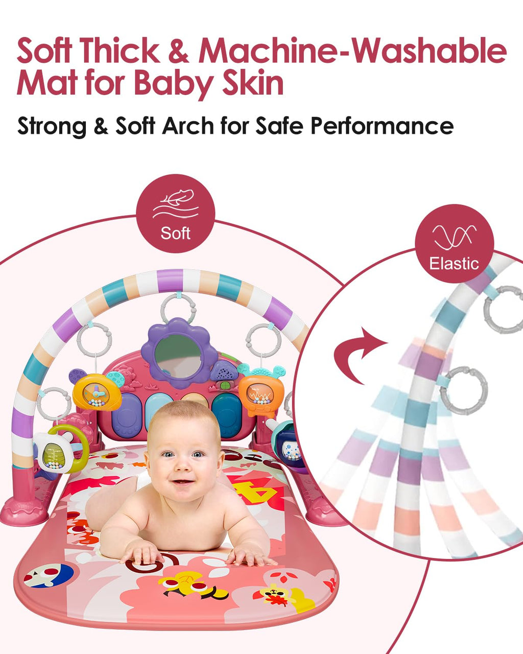 dearlomum Baby Play Mat Baby Gym,Funny Play Piano Tummy Time Baby Activity Mat with 5 Infant Sensory Baby Toys, Music and Lights Boy & Girl Gifts for Newborn Baby 0 to 3 6 9 12 Months (Tiger Pink)