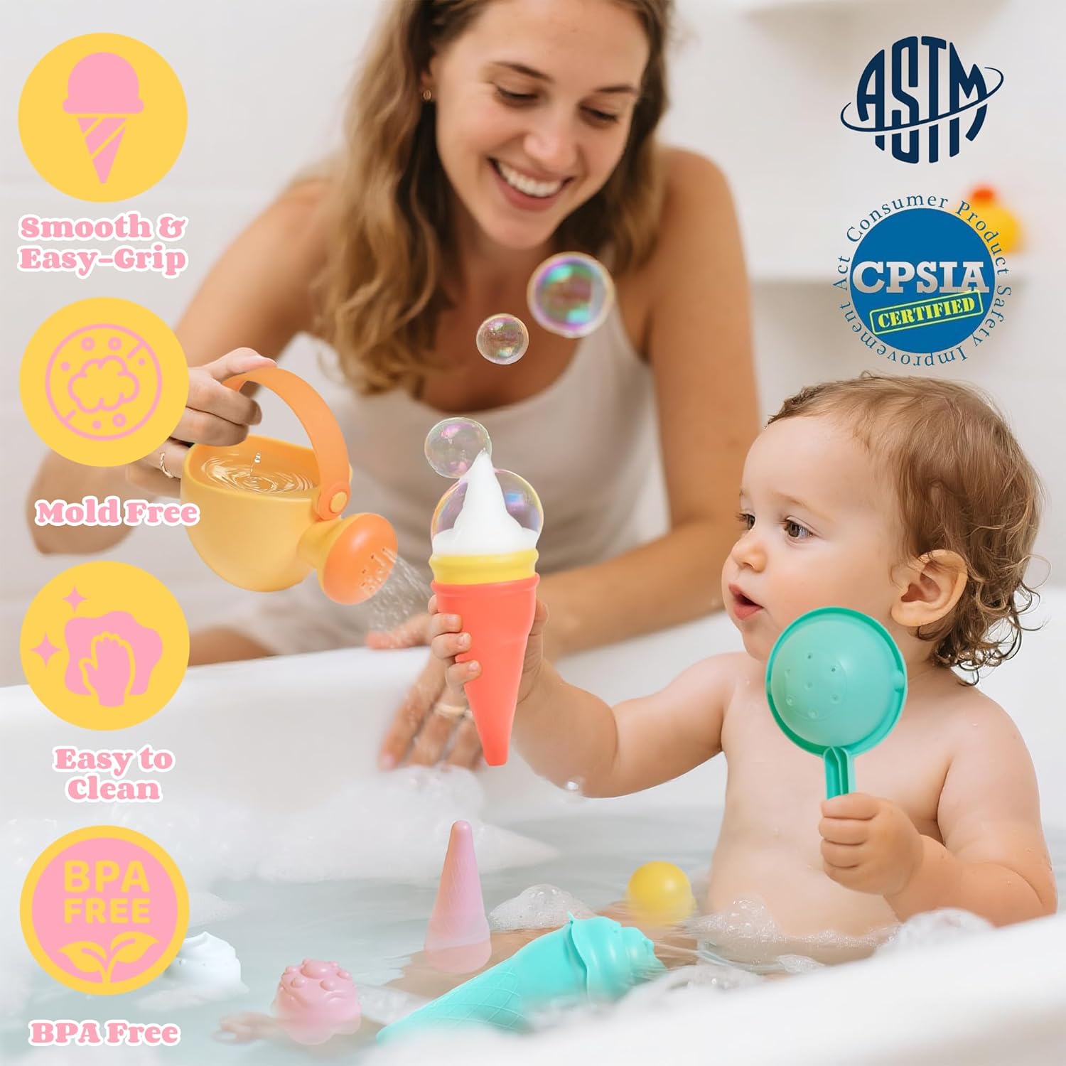 Baby Bath Toys for Kids Ages 1-3 6 PCS Ice Cream Toddler Bath Toys Mold Free Bathtub Beach Sand Pool Water Toys for 1 2 3 4 5 6 Years Old Girls Boys Gifts