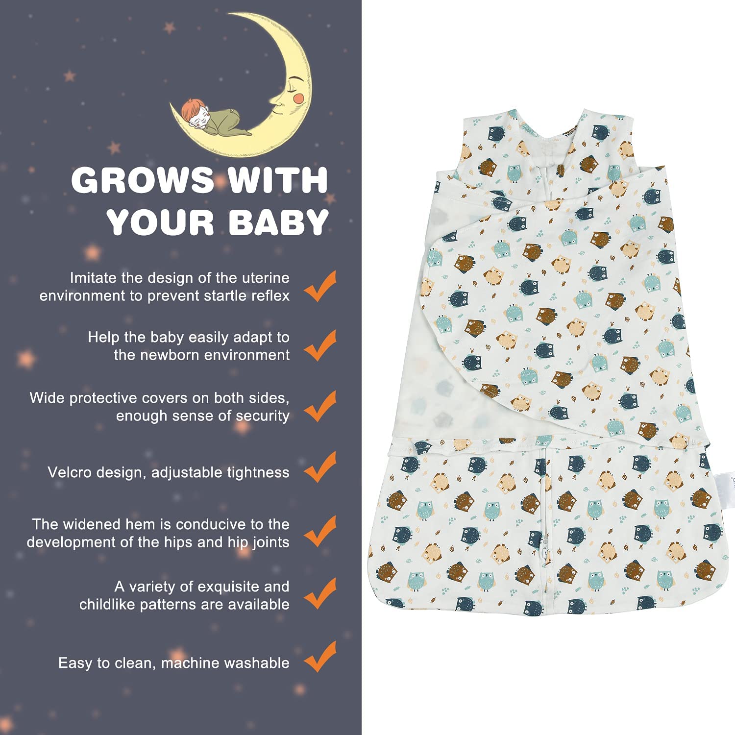 Swaddle-Blanket Baby Girl & Boy Swaddles Newborn Infant Transition 100% Cotton Wrap Blankets, 3-Way Adjustable Wearable Blanket, TOG 1.0 (Owl 0-3 Month)