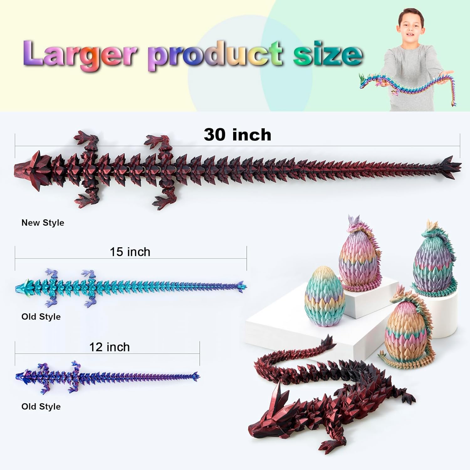 Large 30" 3D Printed Dragon,Articulated Crystal Dragon,3D Dragon Toy,Dragon Collection, Executive Desk Decor (Black-Red)