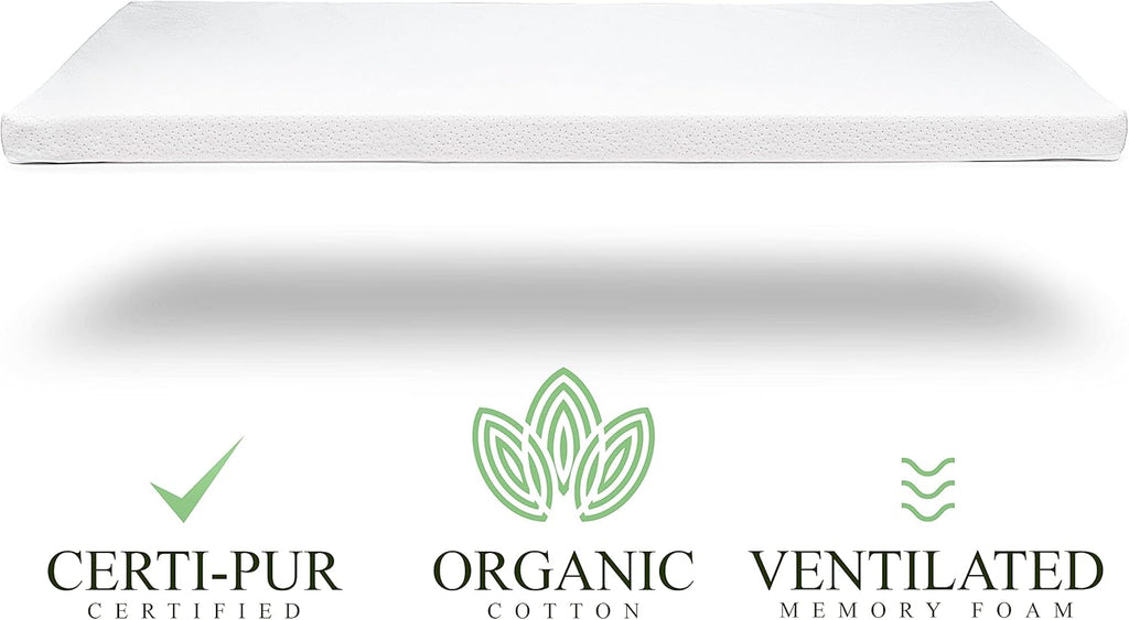 Organic Cotton Pack n Play Topper | CertiPUR-US Baby Mattress Pad for Portable Toddler Bed & Playard w/Washable Waterproof Cover, Soft Ventilated Foam Padding, Nonslip Bottom, Travel Strap | 41x29x1