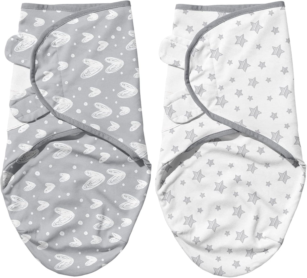 Biloban Baby Swaddles 0-3 Months for Boy Girls, Newborn, Organic Cotton Adjustable Blanket, Lovely Grey Print, 2 Pack