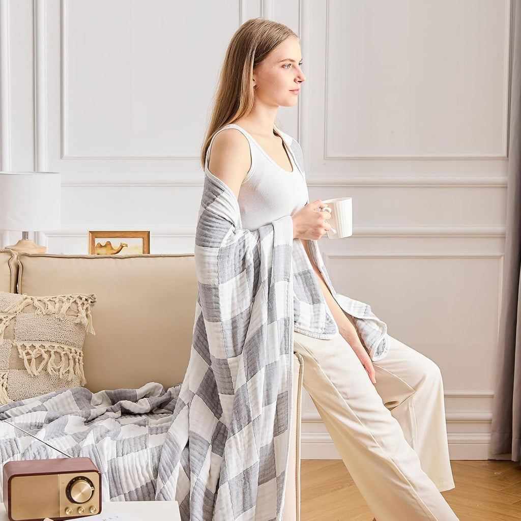 EMME Checkered Cotton Blanket Twin Large 60"x80" 100% Muslin for Couch Breathable Cooling Gauze All Season Soft and Lightweight Pre-Washed (Light Grey)