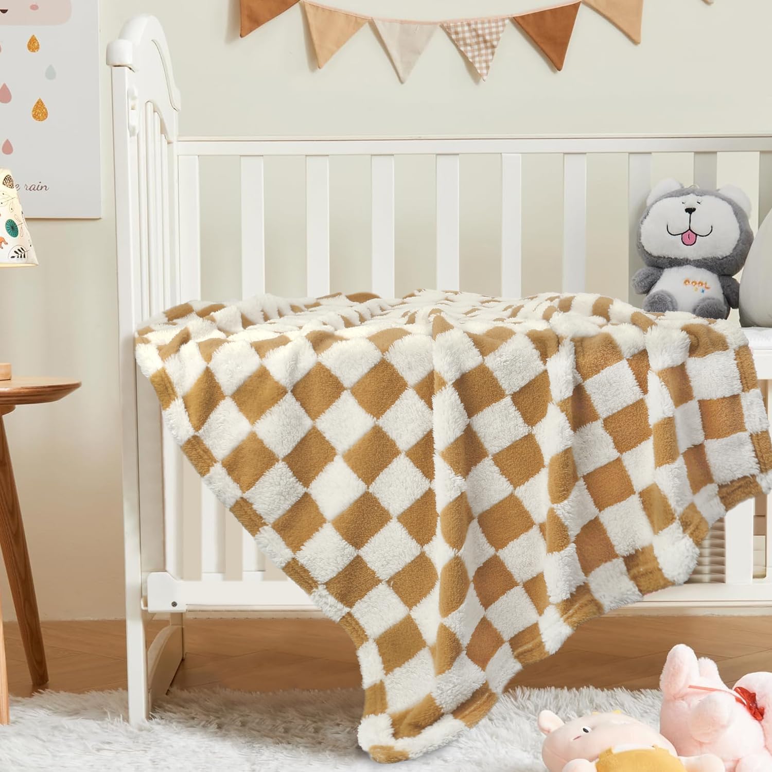 HOMRITAR Super Soft Baby Blankets for Boys Girls Warm Cozy Reversible Checkerboard Toddlers Blanket, Fluffy Fuzzy Plush Lightweight Bed Blanket with Chessboard Grid Design 350GSM Khaki 30 x 40 Inch