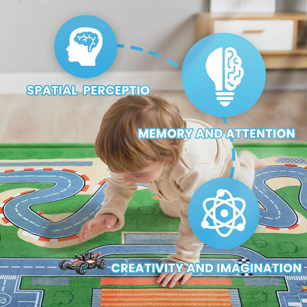 Race Track Playmat Rug, 1.3" Toddler Safety Elasti-Foam Playmat 59"×79" Fun and Education Large Floor Mat for Crawling Activity Race Car Track Play Mat for Boys & Girls