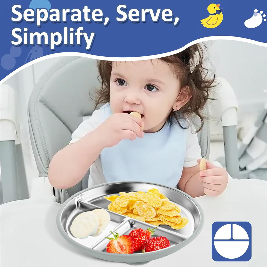 Stainless Steel Suction Plates for Toddlers, 9" Divided Kids Baby Plates with Removable Silicone Suction, Non Toxic Non Slip Portion Control Snack Dishes 4 Packs, Blue Gray Navy Sage