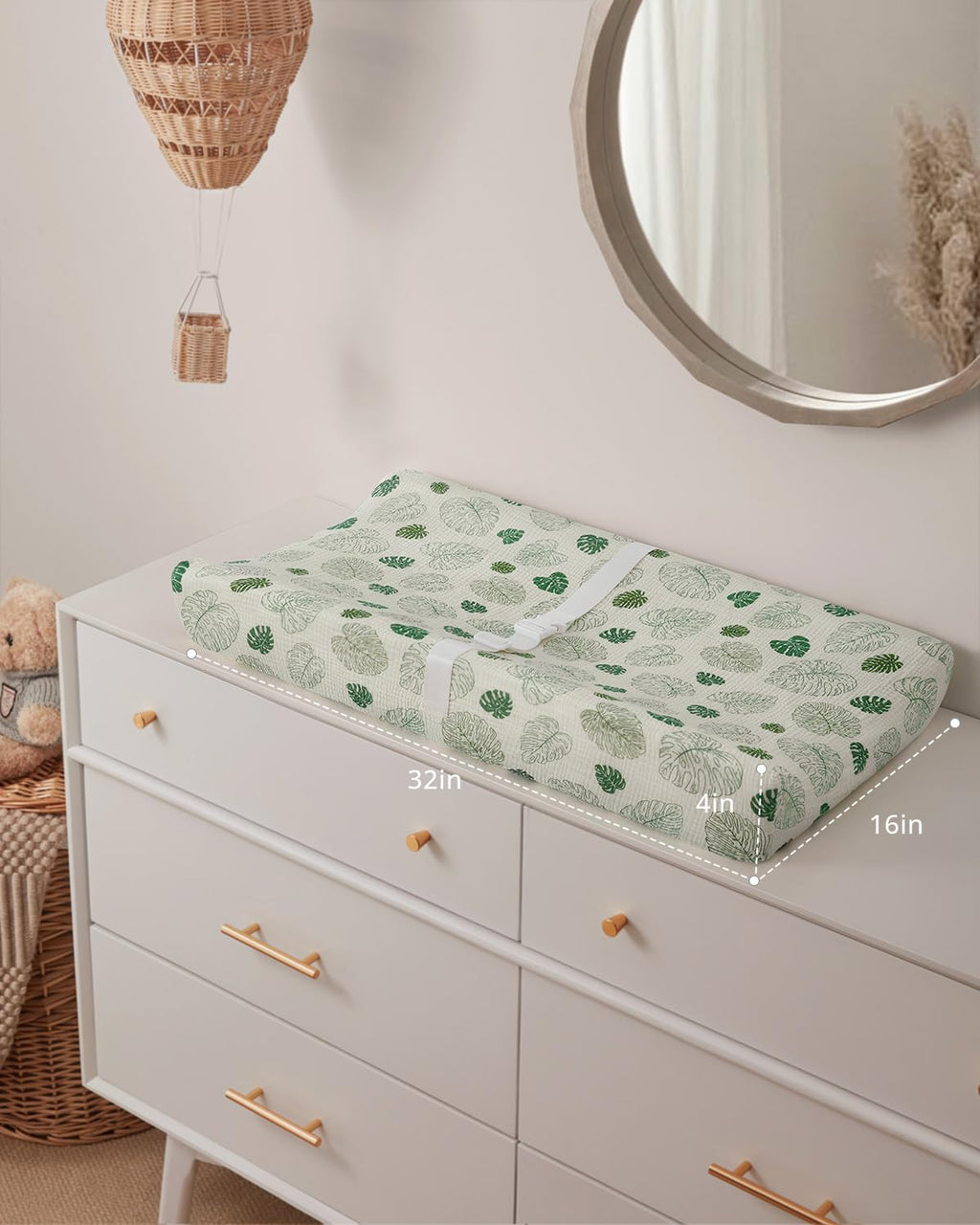 Blissful Diary Muslin Baby Changing Pad with Waterproof Lining Foam, Diaper Changing Table Pad with Cover for Dressers (Monstera, Rectangular)