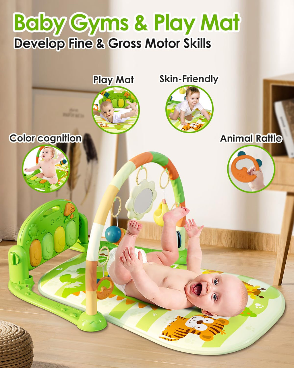 Dearlomum Baby Play Mat & Gym, Funny Piano Tummy Time Activity Mat with 5 Sensory Toys, Music & Lights - Boy & Girl Gifts (0-12 Months, Green)